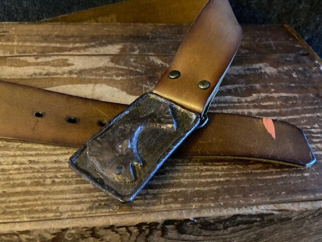 Vintage Tooled Leather Belt Wells Fargo Fish Buckle 42in