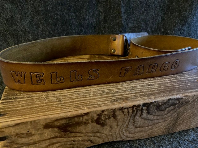 Vintage Tooled Leather Belt Wells Fargo Fish Buckle 42in