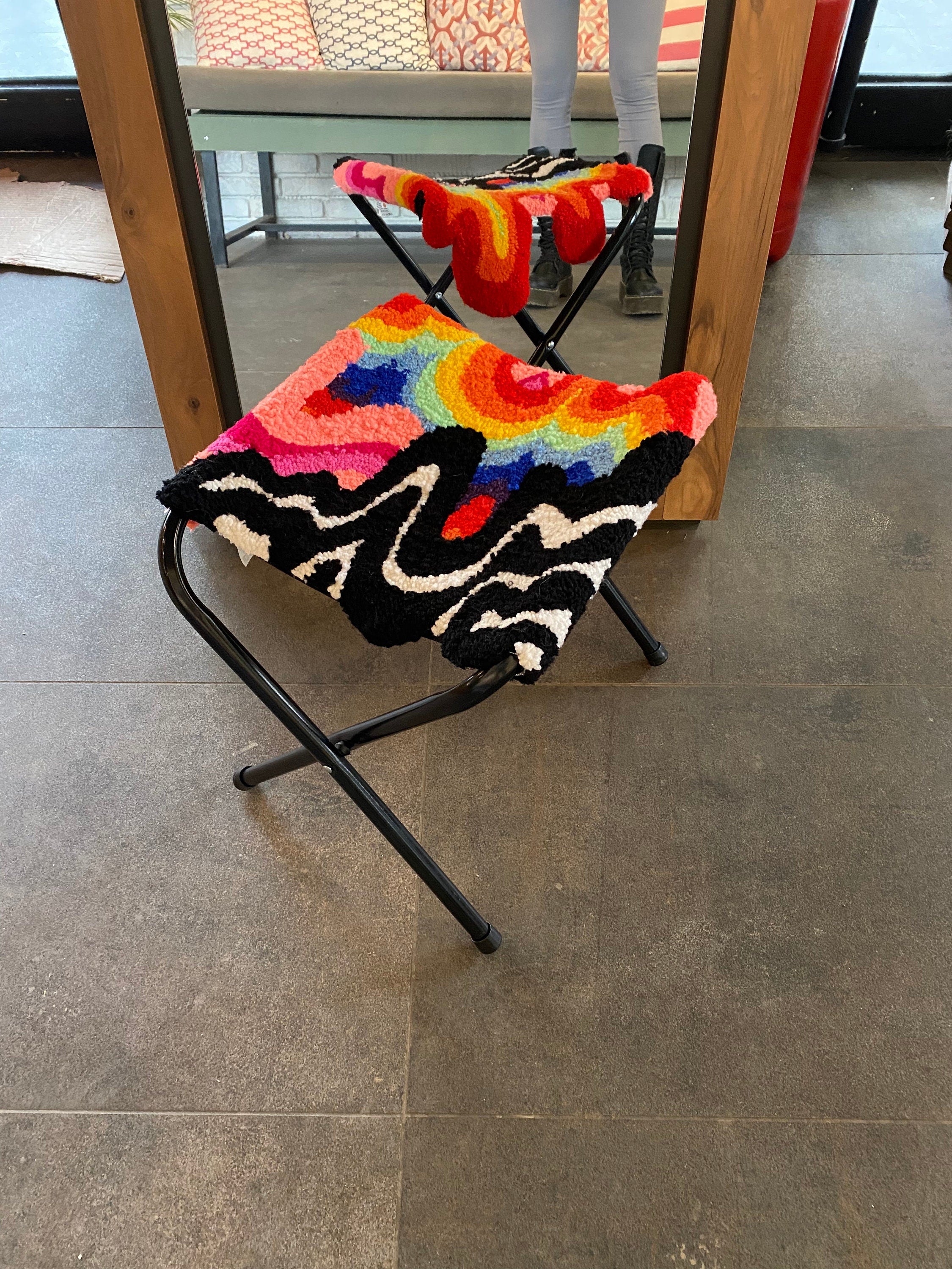 OrnnWorks Psychedelic Fluid Tufted Ottoman Stool 17in Rainbow