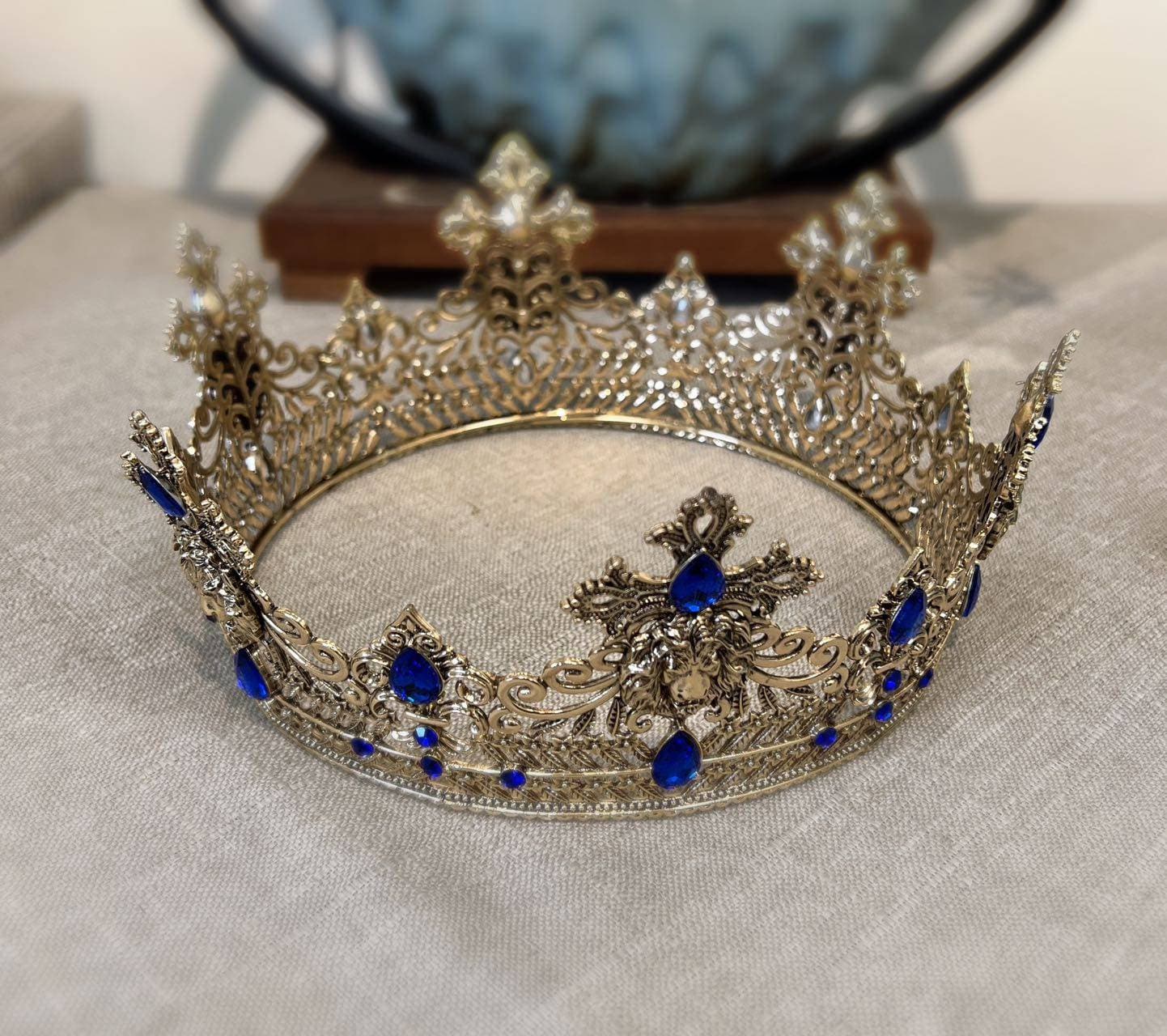 HappyJewelryWorld Gold Lion King Crown 23in Blue Crystal