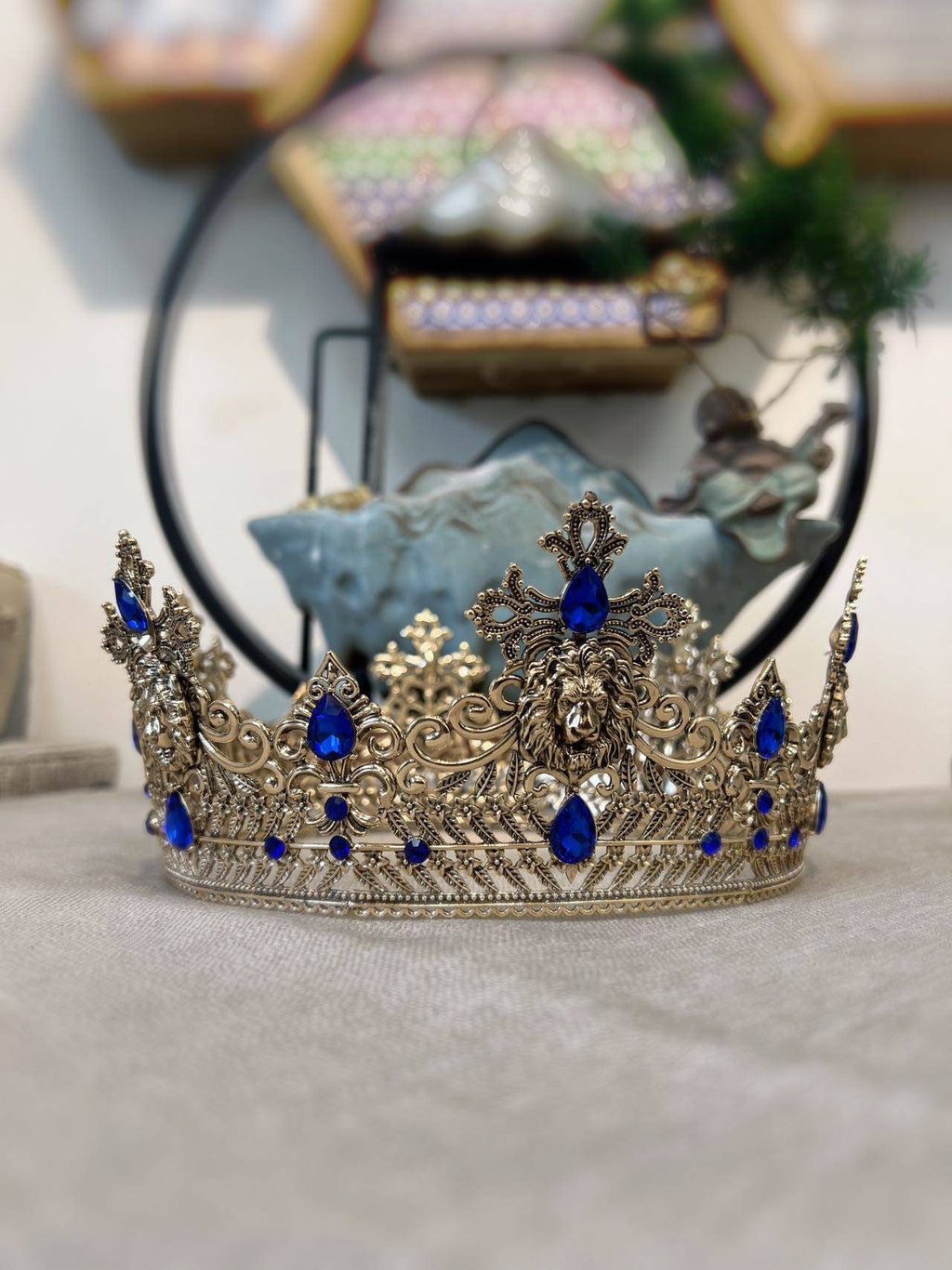 HappyJewelryWorld Gold Lion King Crown 23in Blue Crystal