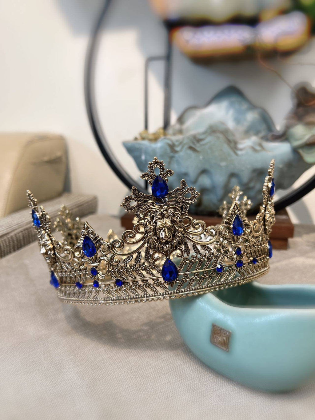 HappyJewelryWorld Gold Lion King Crown 23in Blue Crystal
