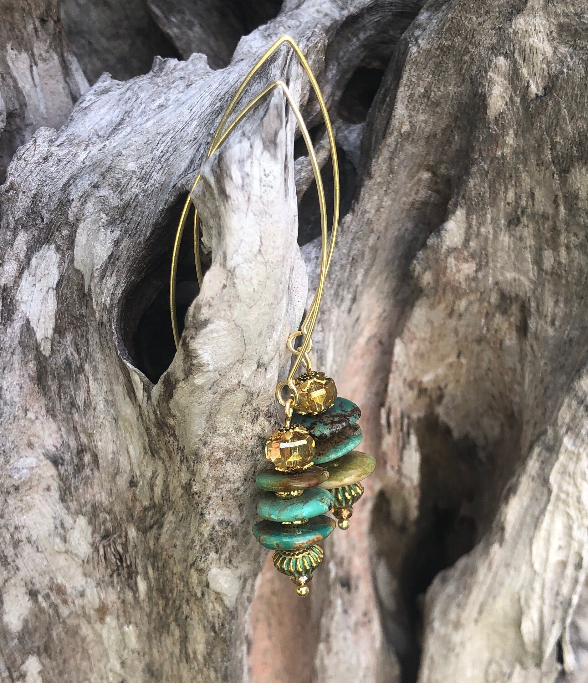 MossberryandStone Chinese Turquoise Gold Dangle Earrings Verdigris