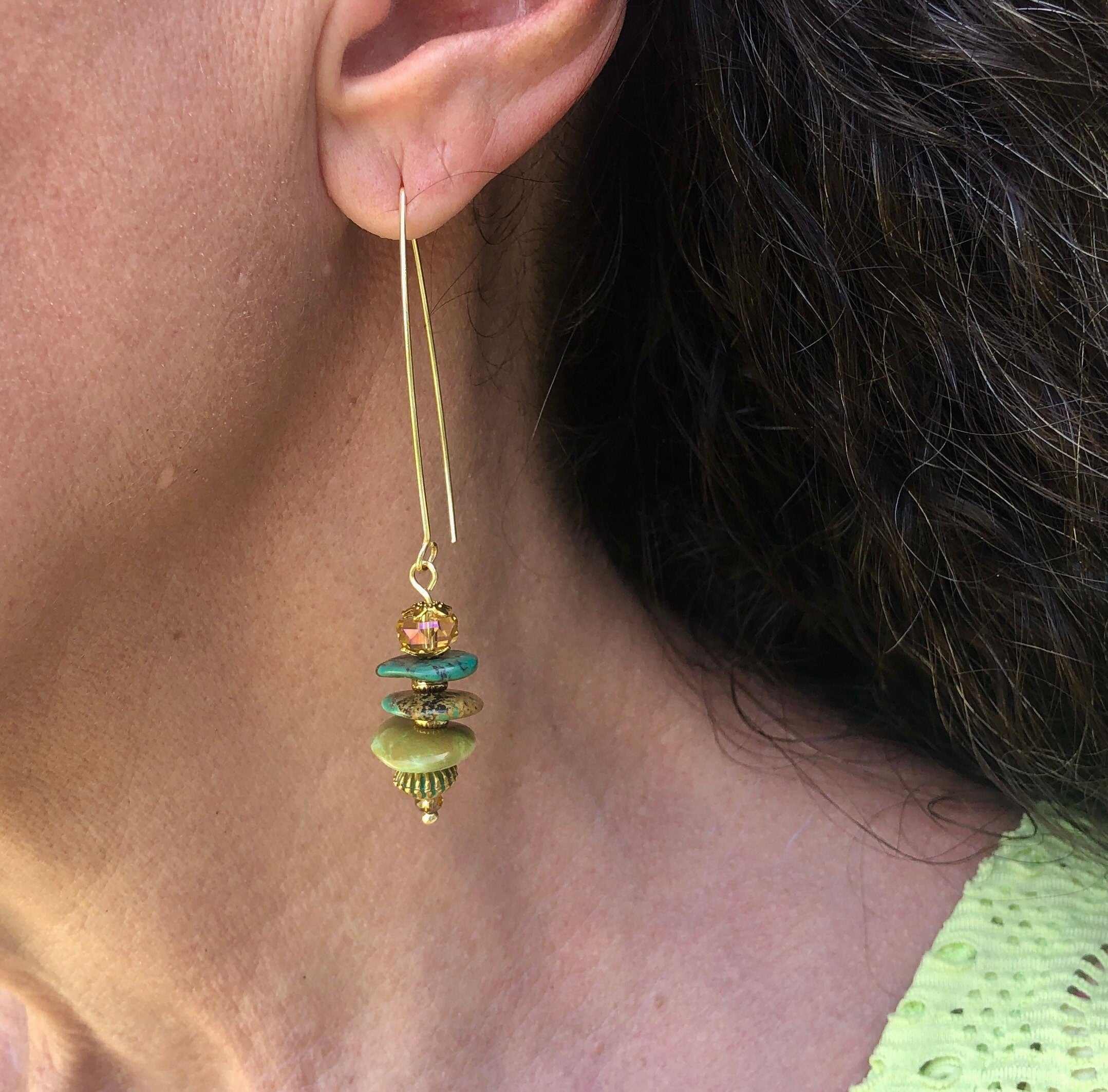MossberryandStone Chinese Turquoise Gold Dangle Earrings Verdigris