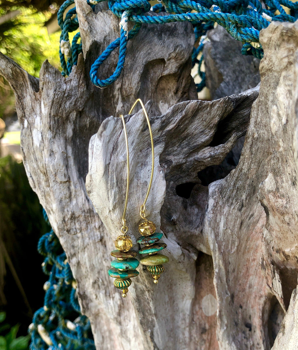 MossberryandStone Chinese Turquoise Gold Dangle Earrings Verdigris