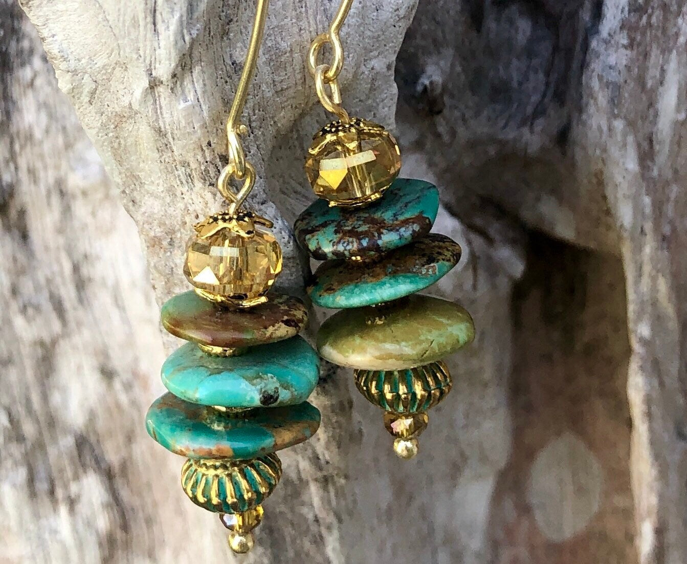 MossberryandStone Chinese Turquoise Gold Dangle Earrings Verdigris
