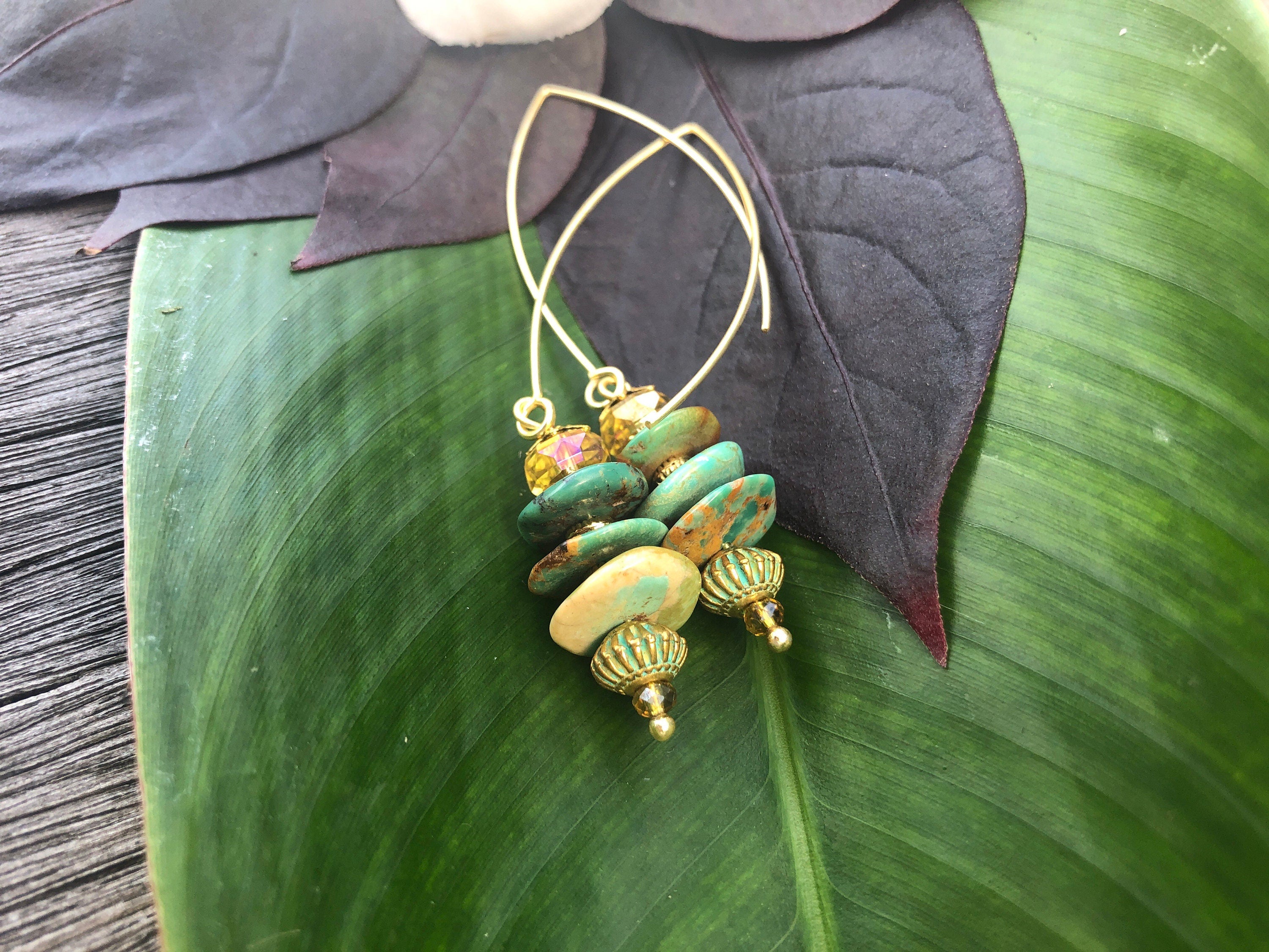 MossberryandStone Chinese Turquoise Gold Dangle Earrings Verdigris