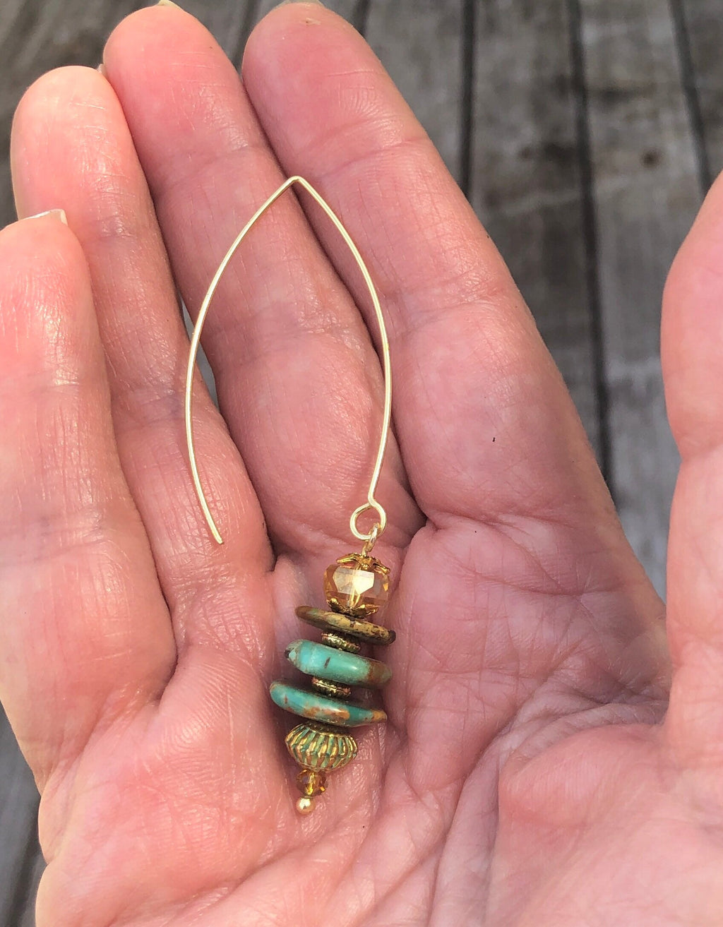 MossberryandStone Chinese Turquoise Gold Dangle Earrings Verdigris