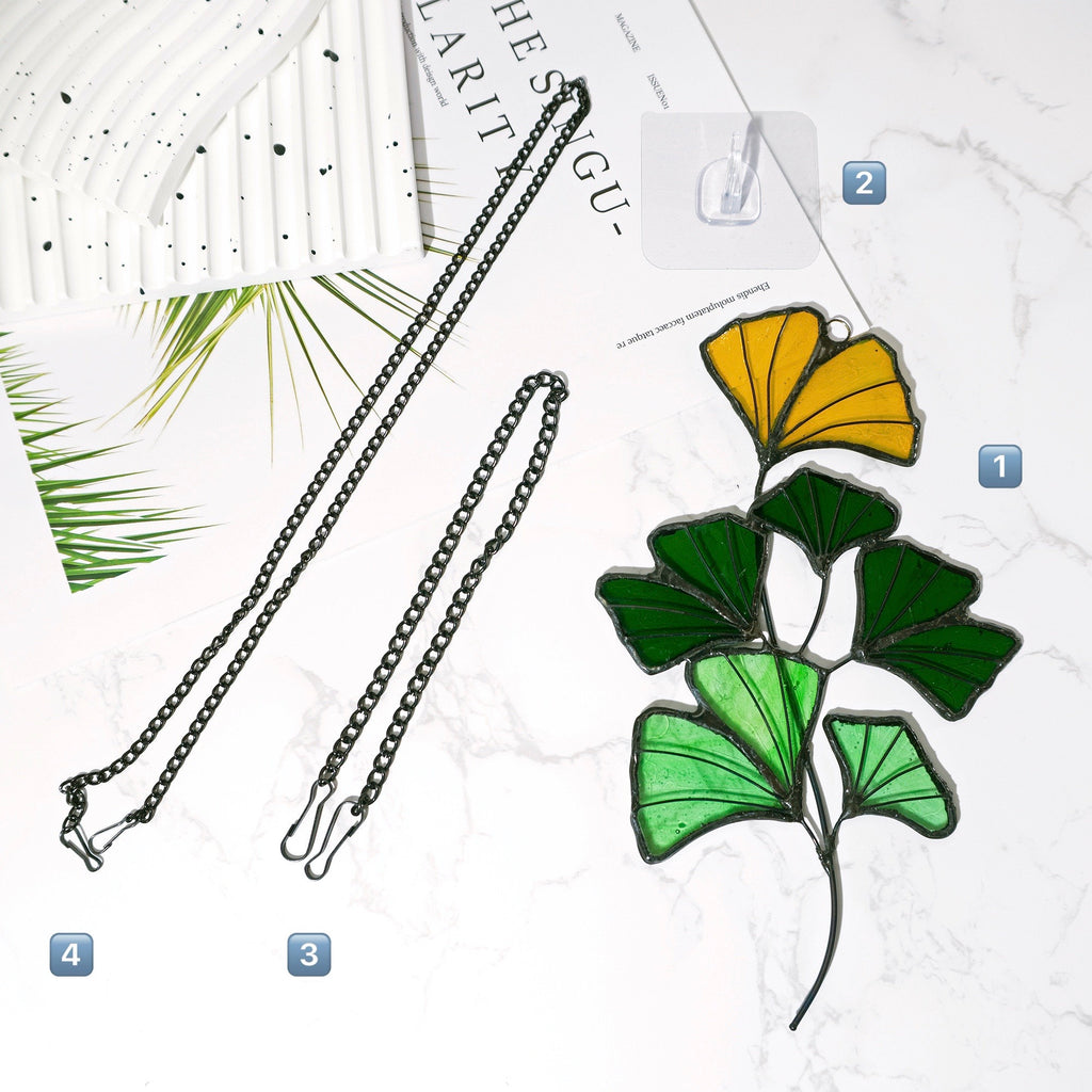 RainLine Ginkgo Leaf Stained Glass Suncatcher 8.27in Green Yellow