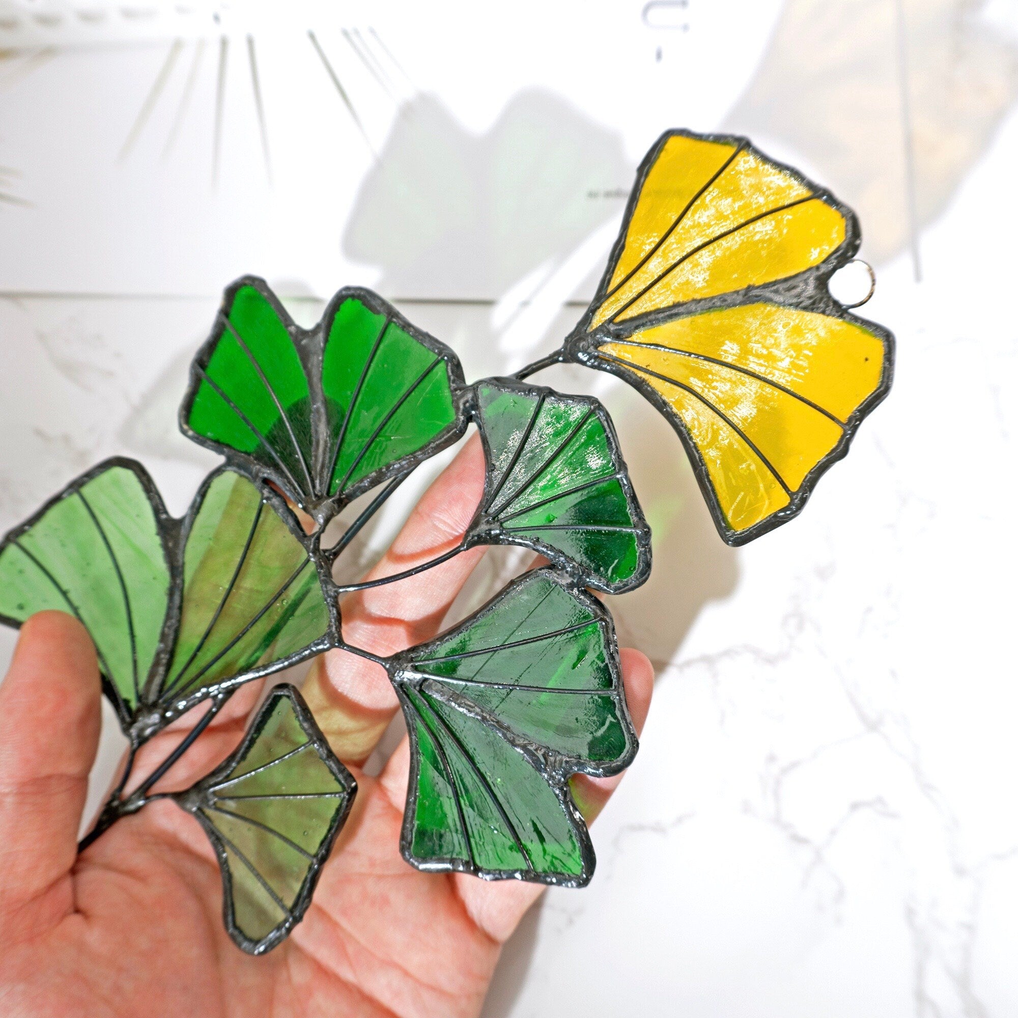 RainLine Ginkgo Leaf Stained Glass Suncatcher 8.27in Green Yellow