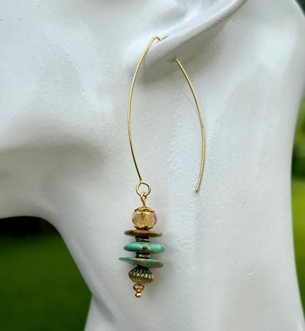 MossberryandStone Chinese Turquoise Gold Dangle Earrings Verdigris
