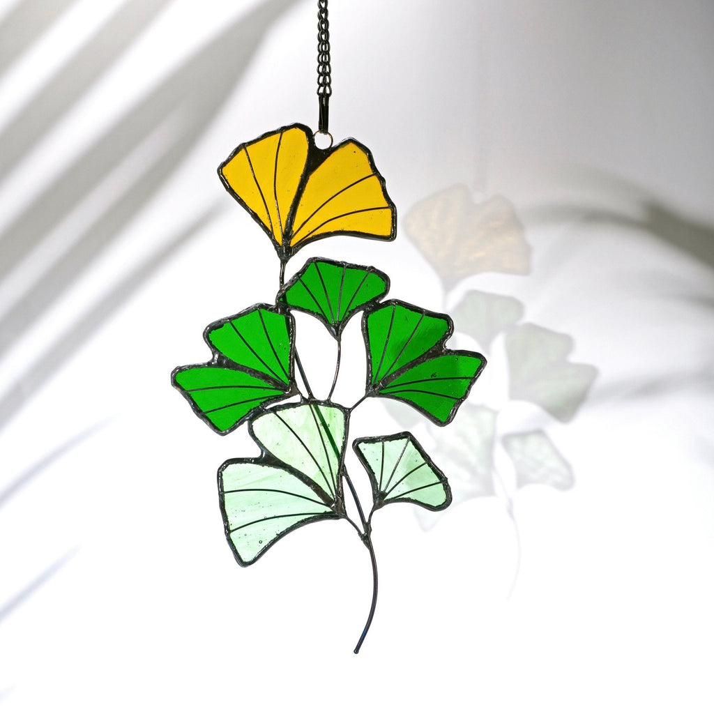 RainLine Ginkgo Leaf Stained Glass Suncatcher 8.27in Green Yellow