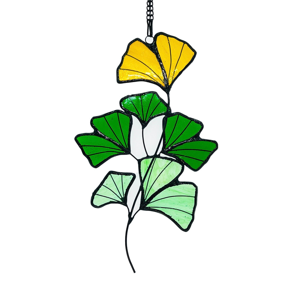 RainLine Ginkgo Leaf Stained Glass Suncatcher 8.27in Green Yellow