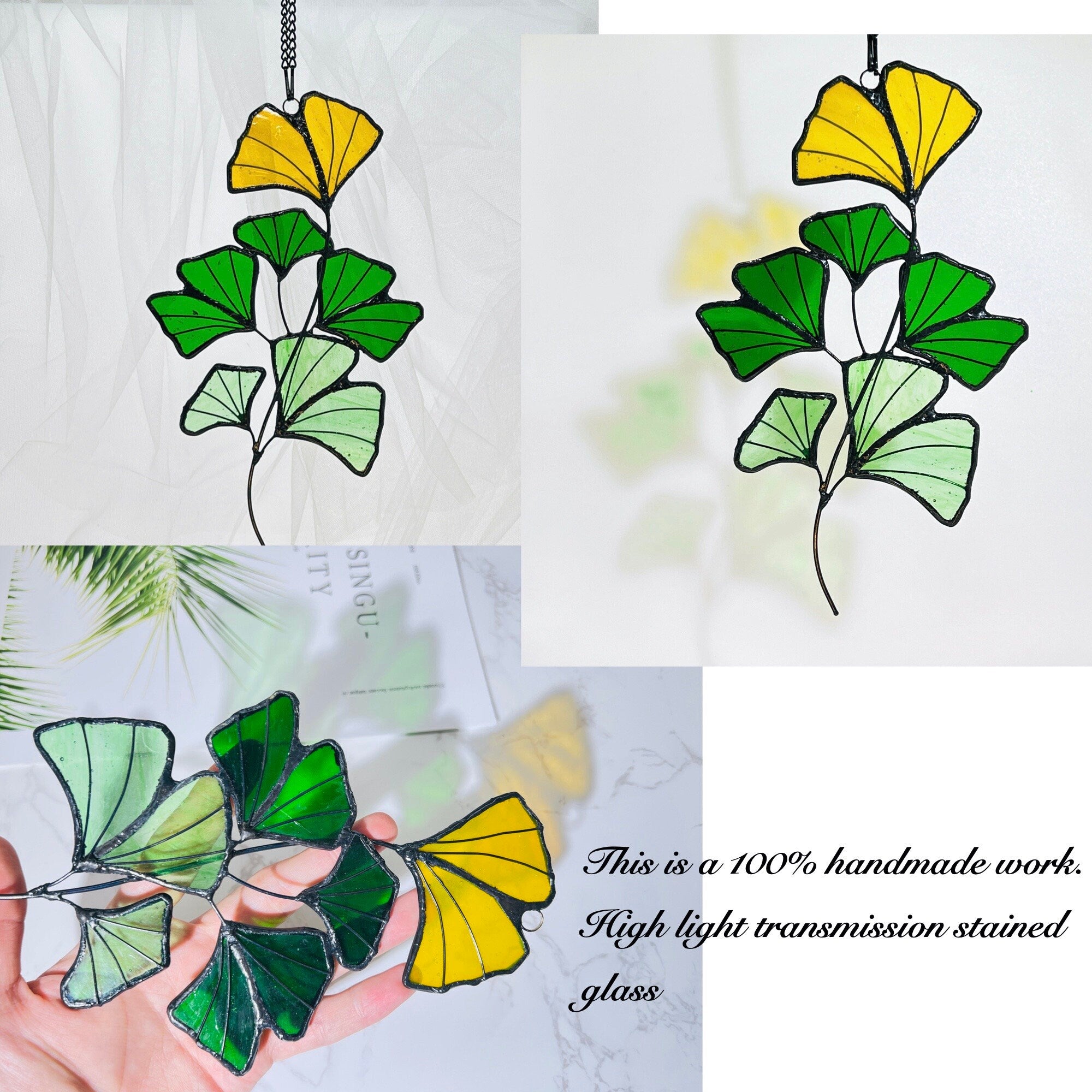 RainLine Ginkgo Leaf Stained Glass Suncatcher 8.27in Green Yellow