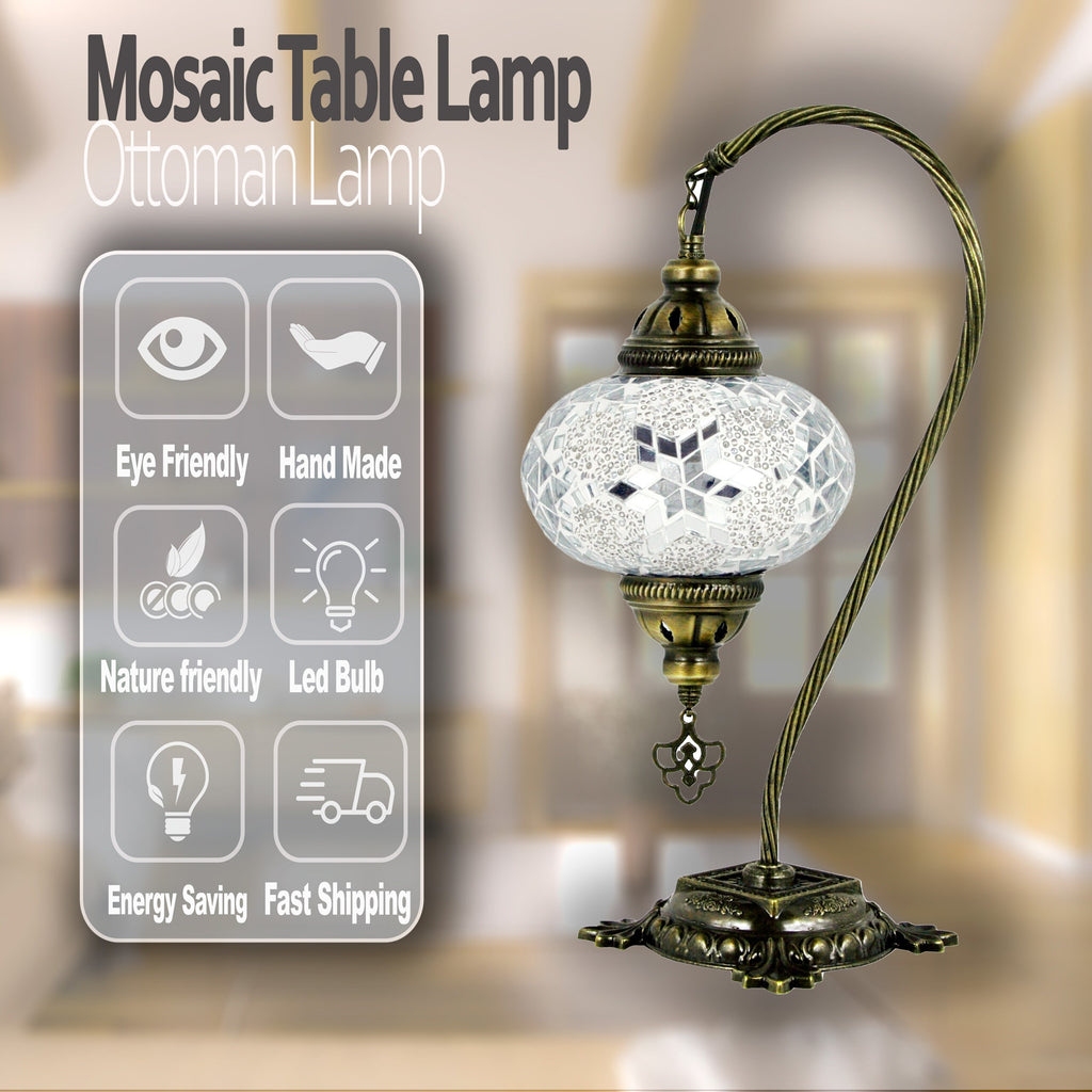 MoslandHome Handmade Turkish Mosaic Swan Neck Bedside Table Lamp