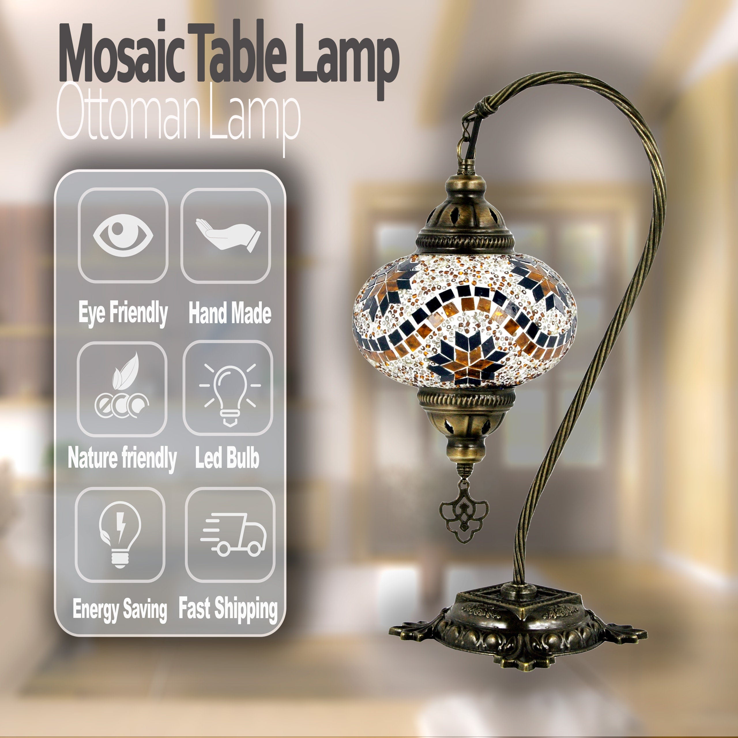 MoslandHome Handmade Turkish Mosaic Swan Neck Table Lamp