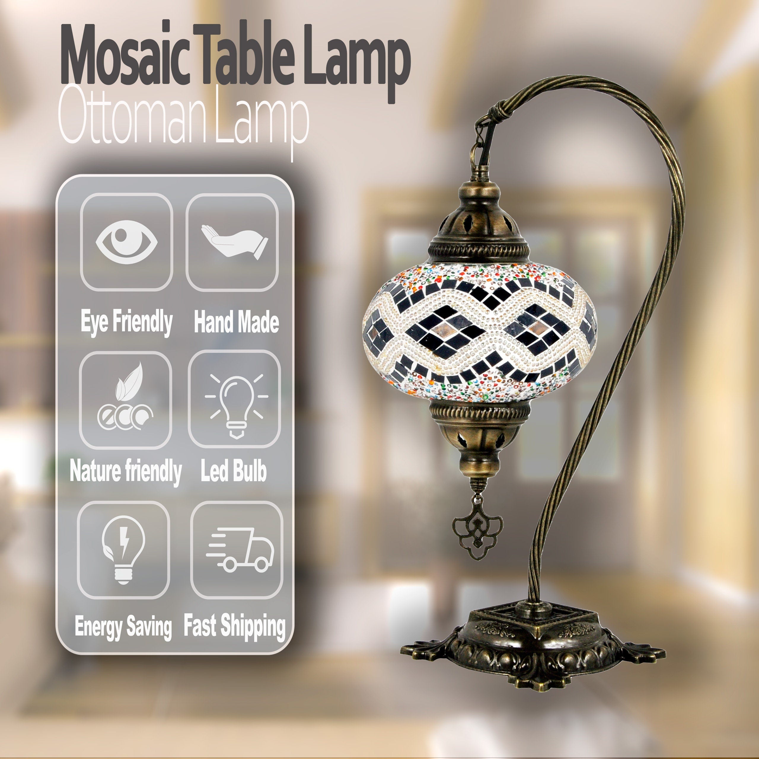 MoslandHome Handmade Turkish Mosaic Glass Table Lamp Antique Brass