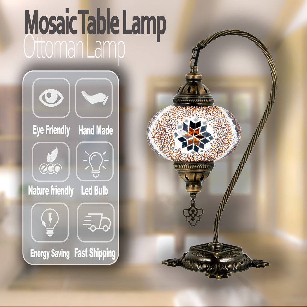 MoslandHome Handmade Turkish Mosaic Lamp Swan Neck Mosaic Glass Table Lamp Gold