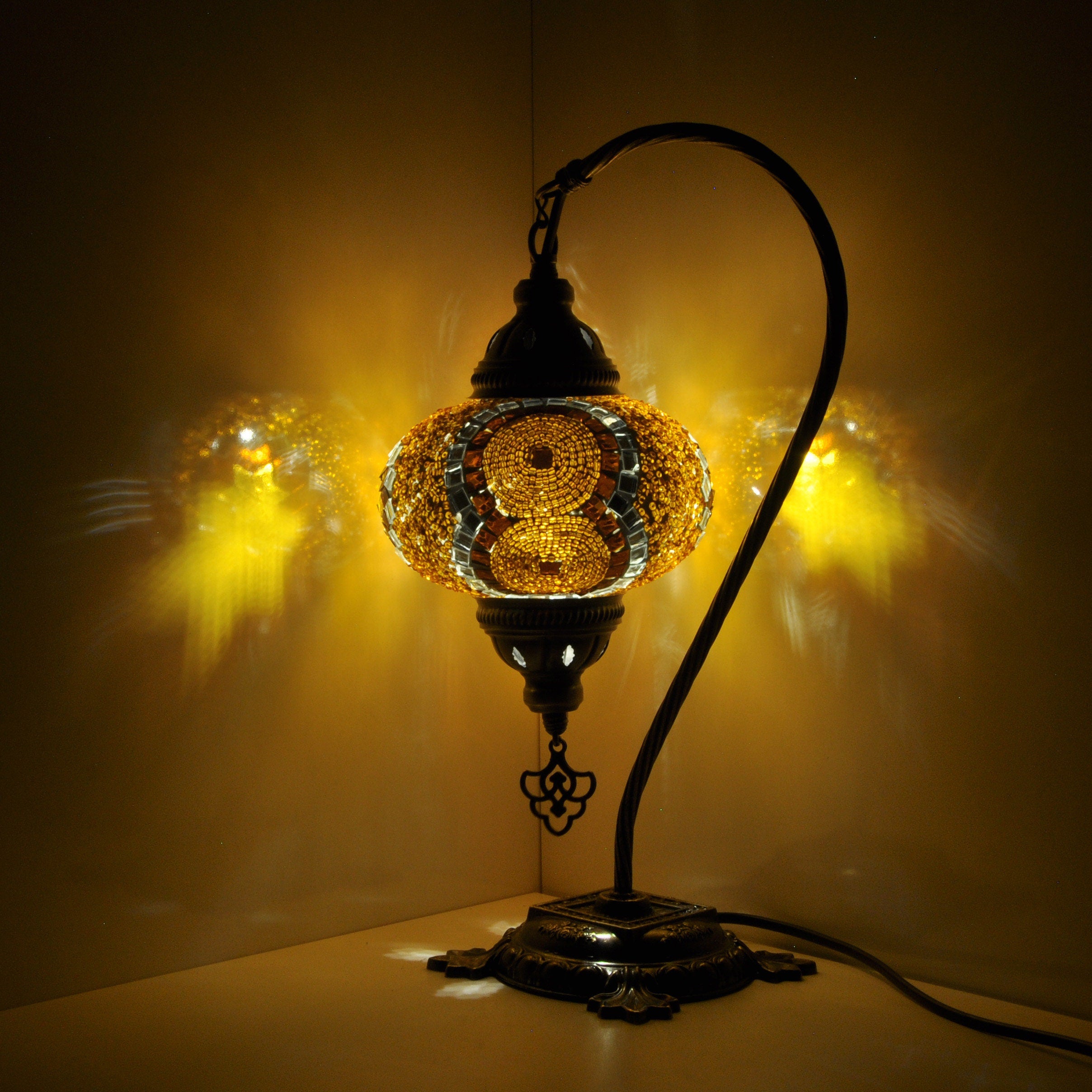 MoslandHome Handmade Turkish Mosaic Lamp Swan Neck Mosaic Glass Table Lamp Gold