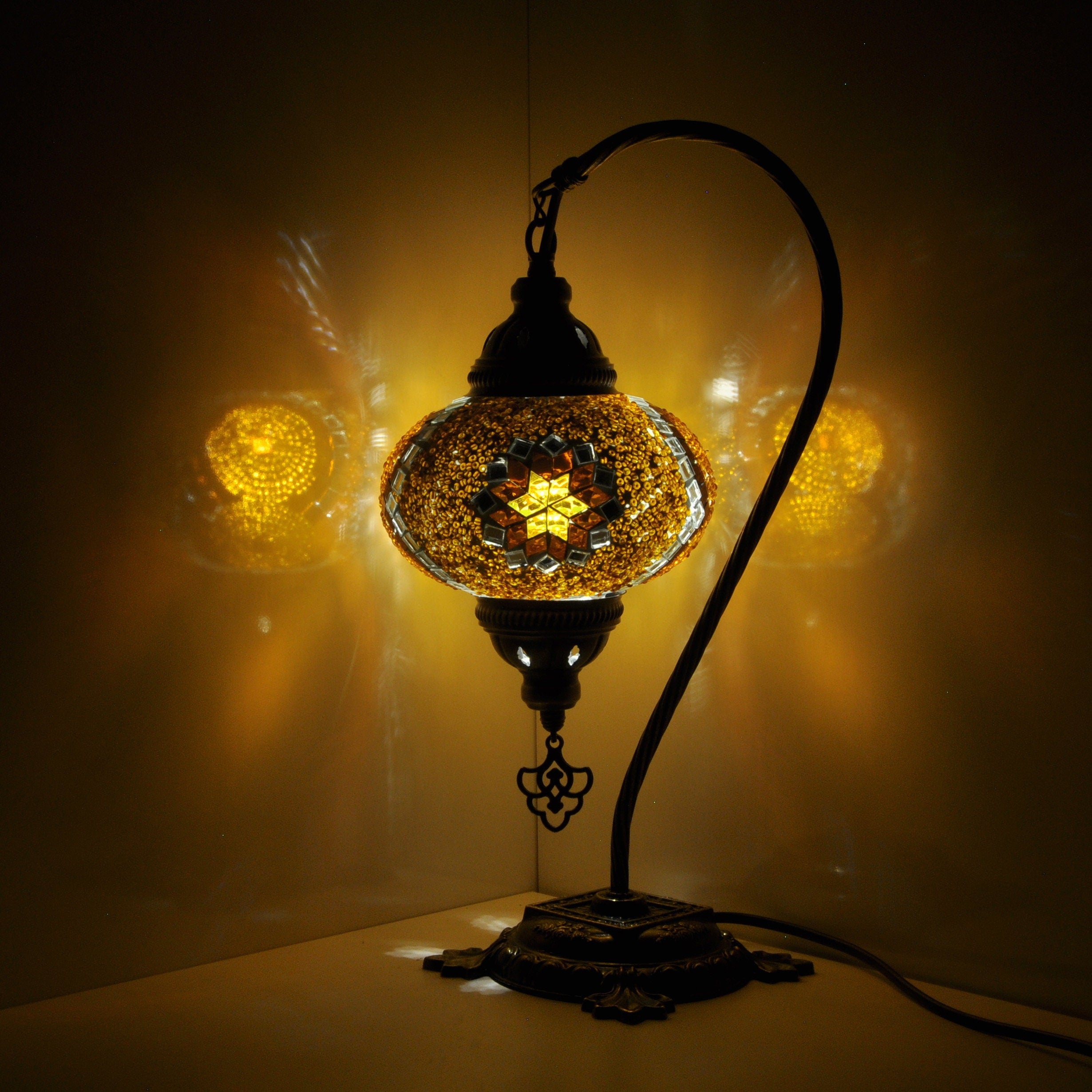 MoslandHome Handmade Turkish Mosaic Lamp Swan Neck Mosaic Glass Table Lamp Gold