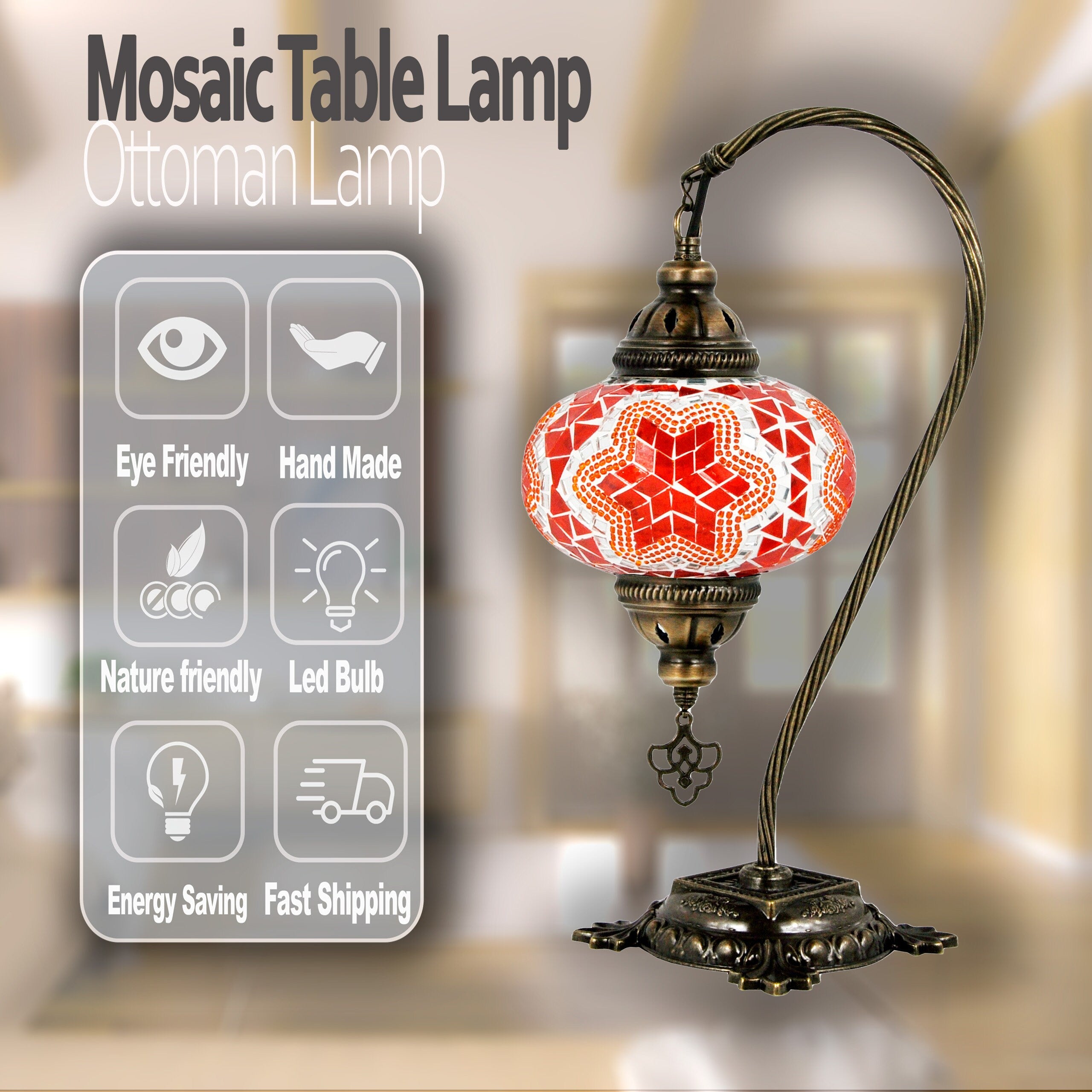 MoslandHome Handmade Turkish Mosaic Lamp Swan Neck Table Lamp