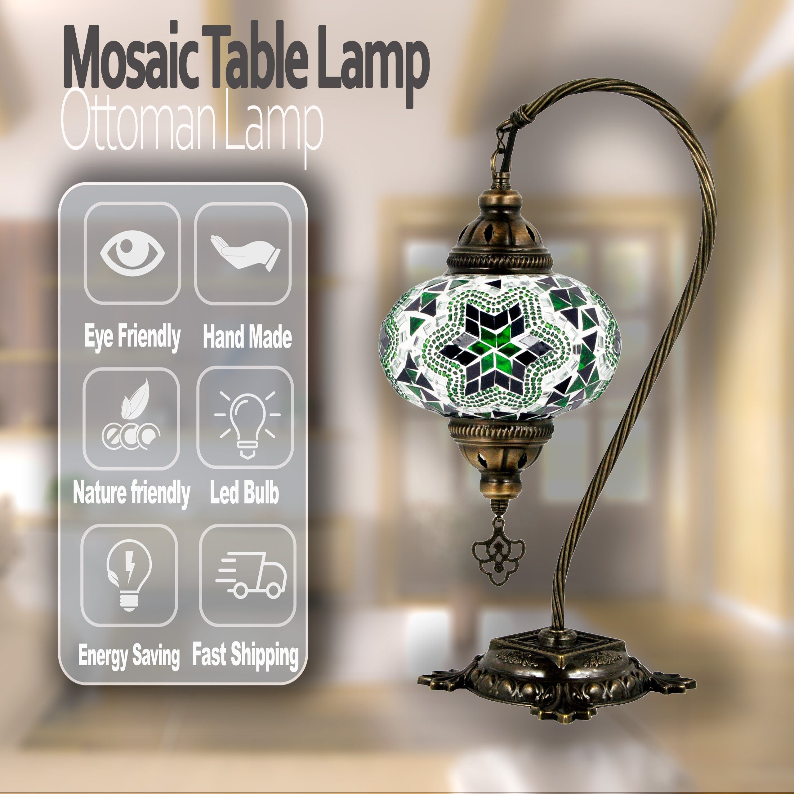 MoslandHome Handcrafted Turkish Mosaic Glass Swan Neck Table Lamp with LED Bulb