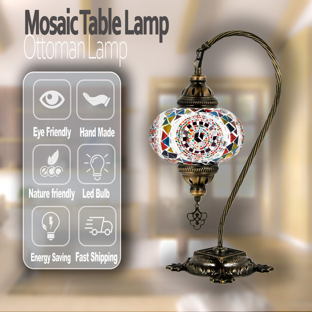 MoslandHome Handmade Turkish Mosaic Table Lamp Swan Neck Tiffany 6.5in