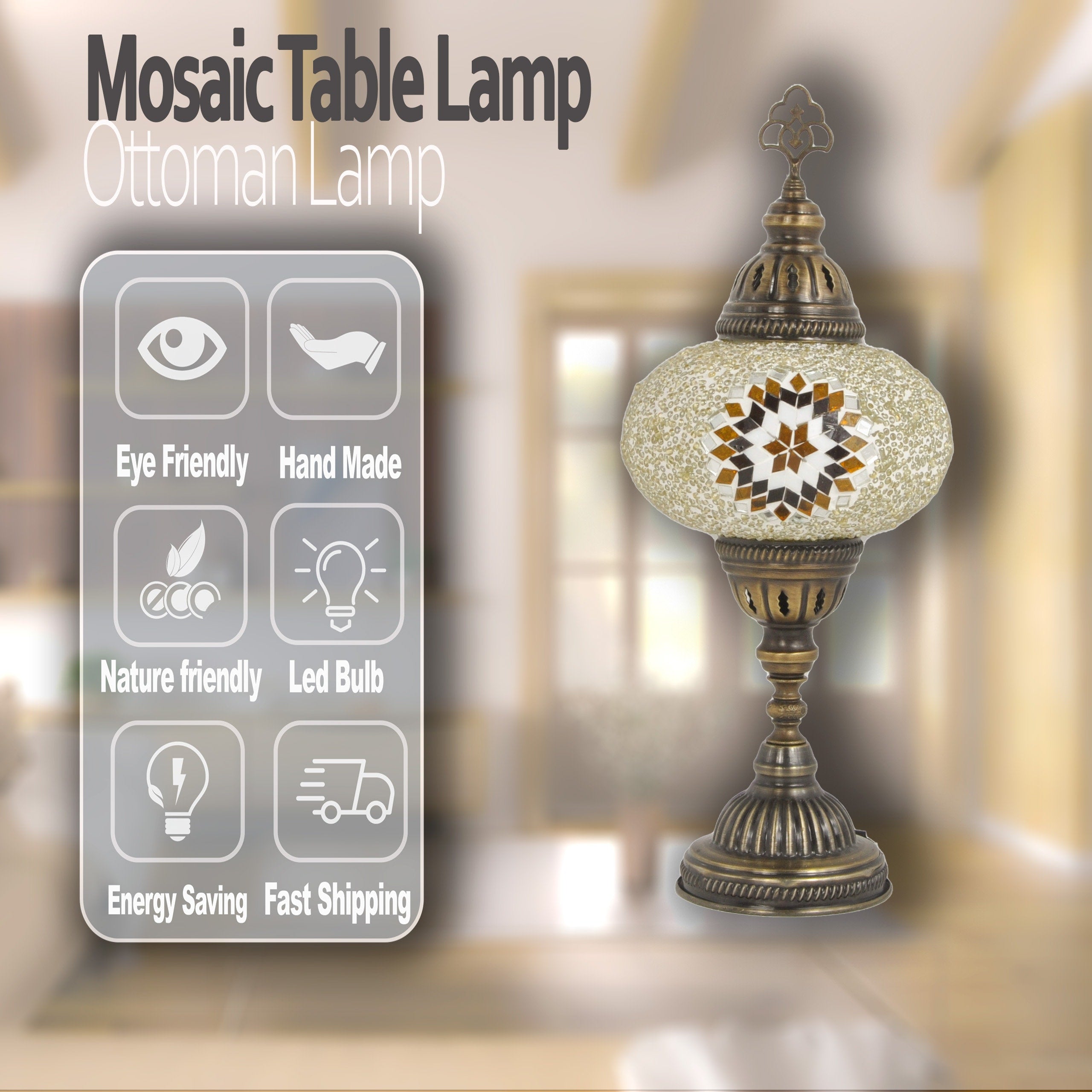 MoslandHome Handmade Turkish Mosaic Table Lamp 6.5in