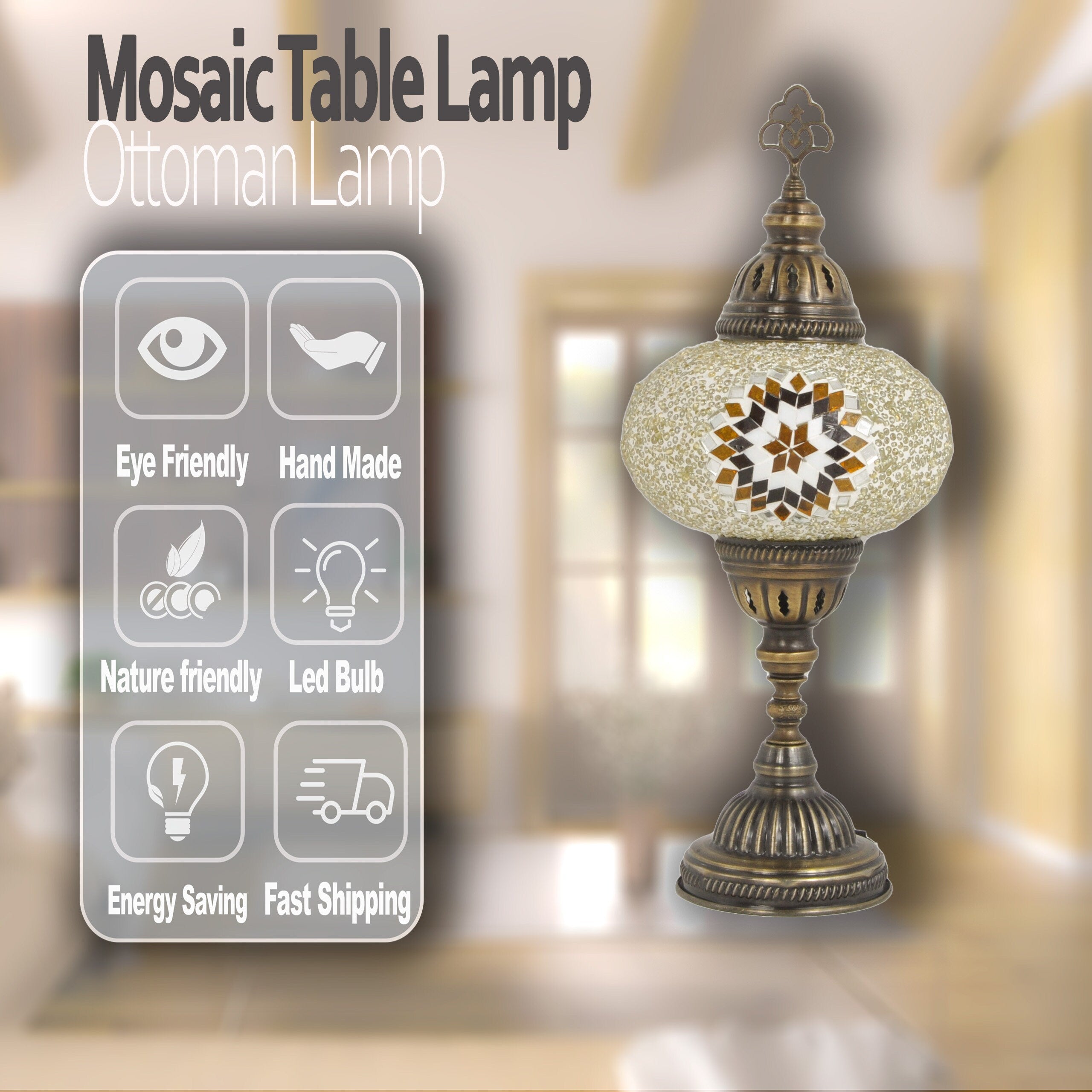 MoslandHome Handmade Turkish Mosaic Table Lamp 6.5in Globe