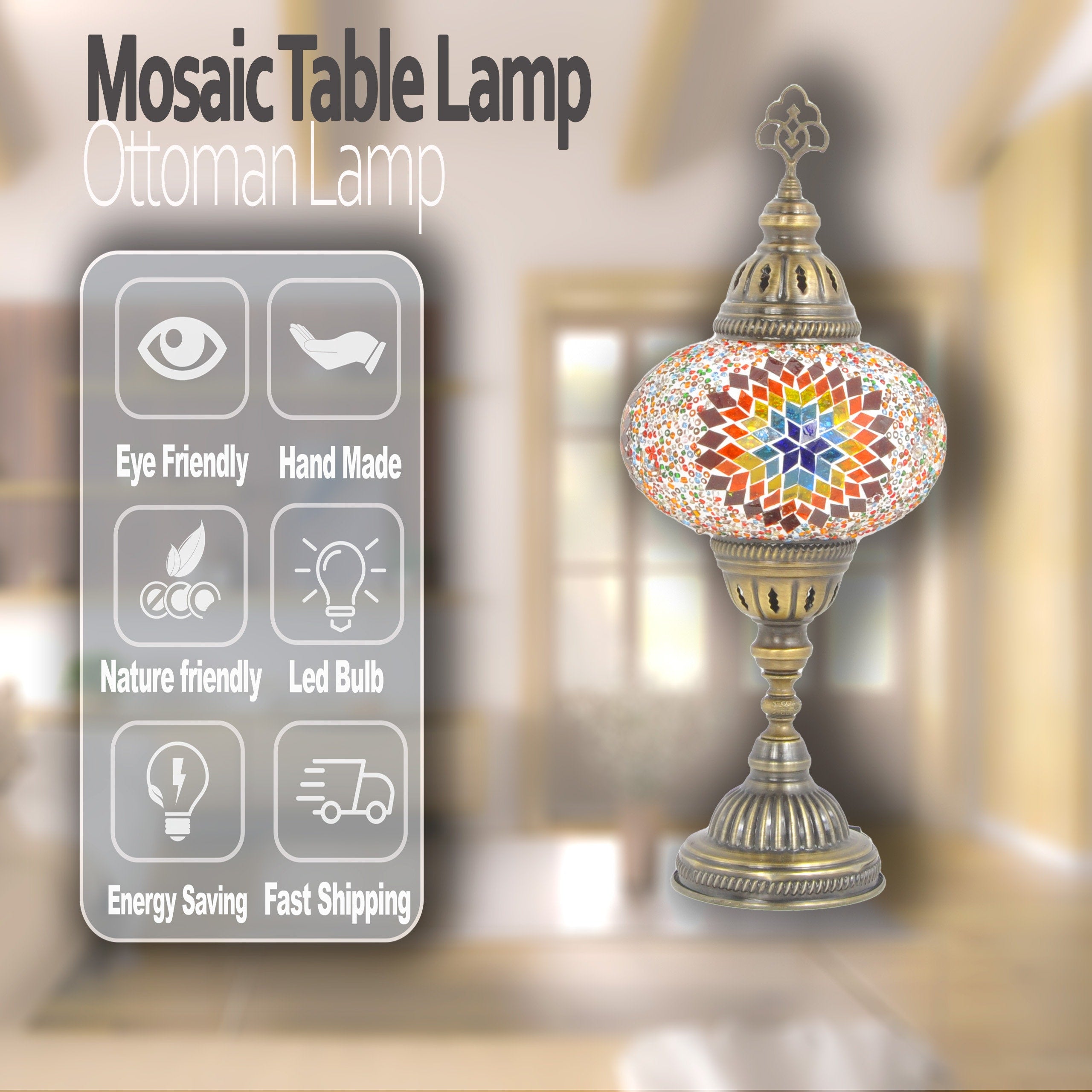 MoslandHome Handmade Turkish Mosaic Table Lamp Bohemian 6.5in