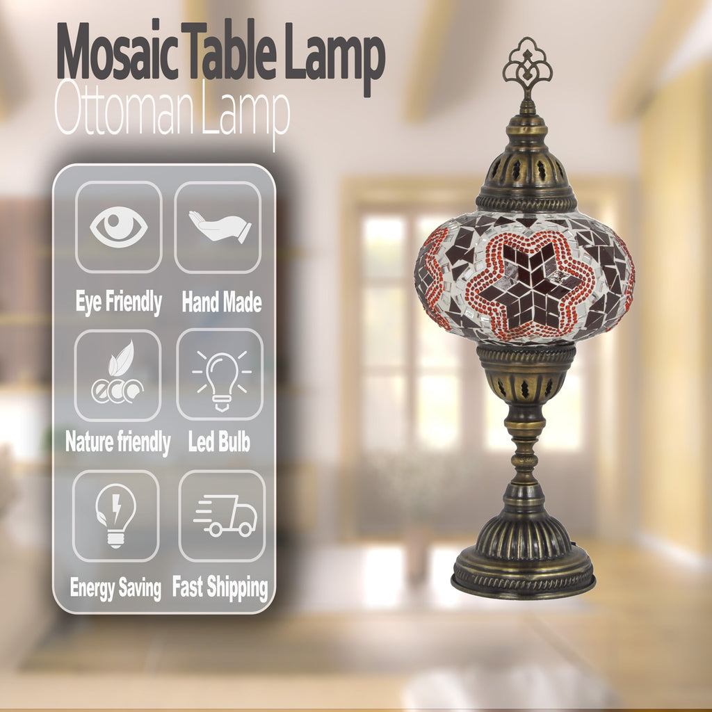 MoslandHome Handmade Turkish Mosaic Table Lamp Bedside Red Gold
