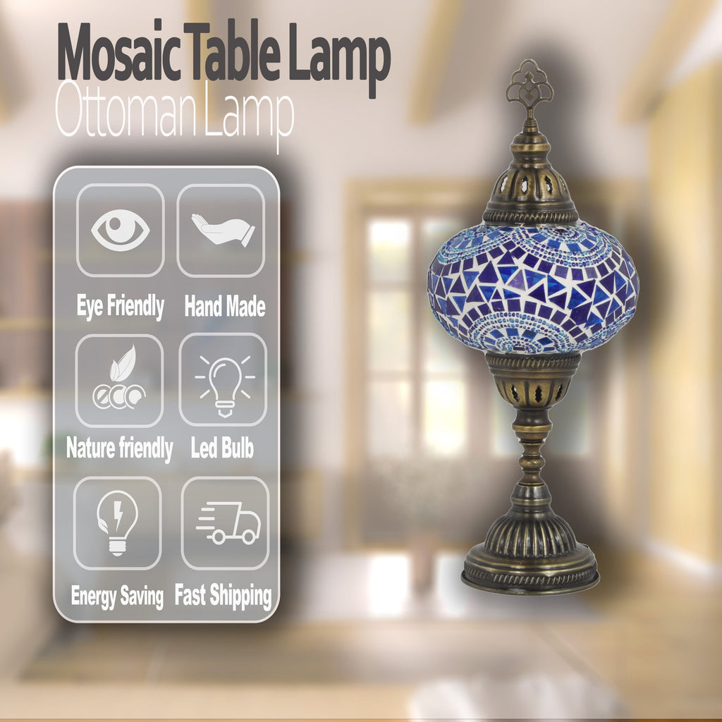 MoslandHome Handmade Turkish Mosaic Table Lamp 6.5in Globe Blue