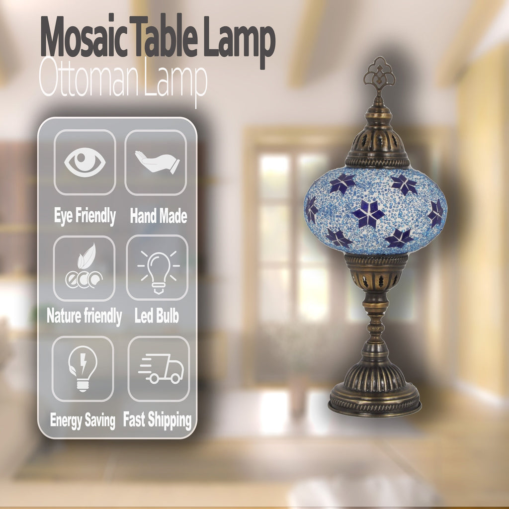 MoslandHome Handmade Turkish Mosaic Table Lamp Bohemian Night Light Blue