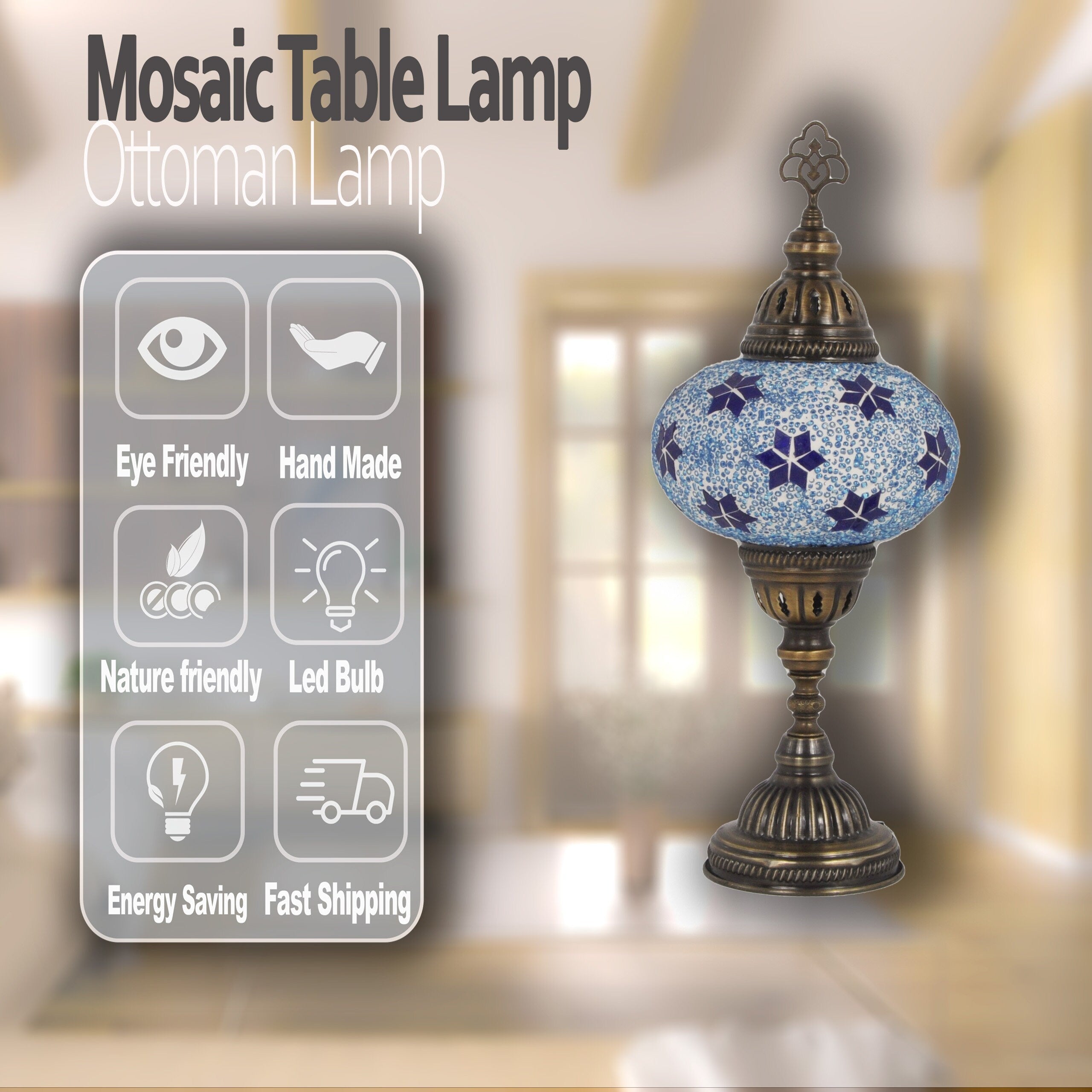 MoslandHome Handmade Turkish Mosaic Table Lamp Bohemian Night Light Blue