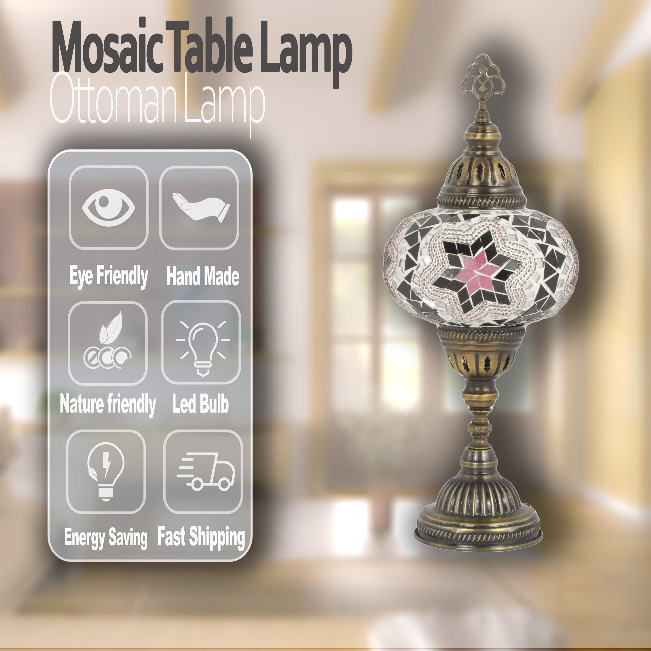 MoslandHome Handmade Turkish Mosaic Lamp: Bohemian Bedside Table Lamp