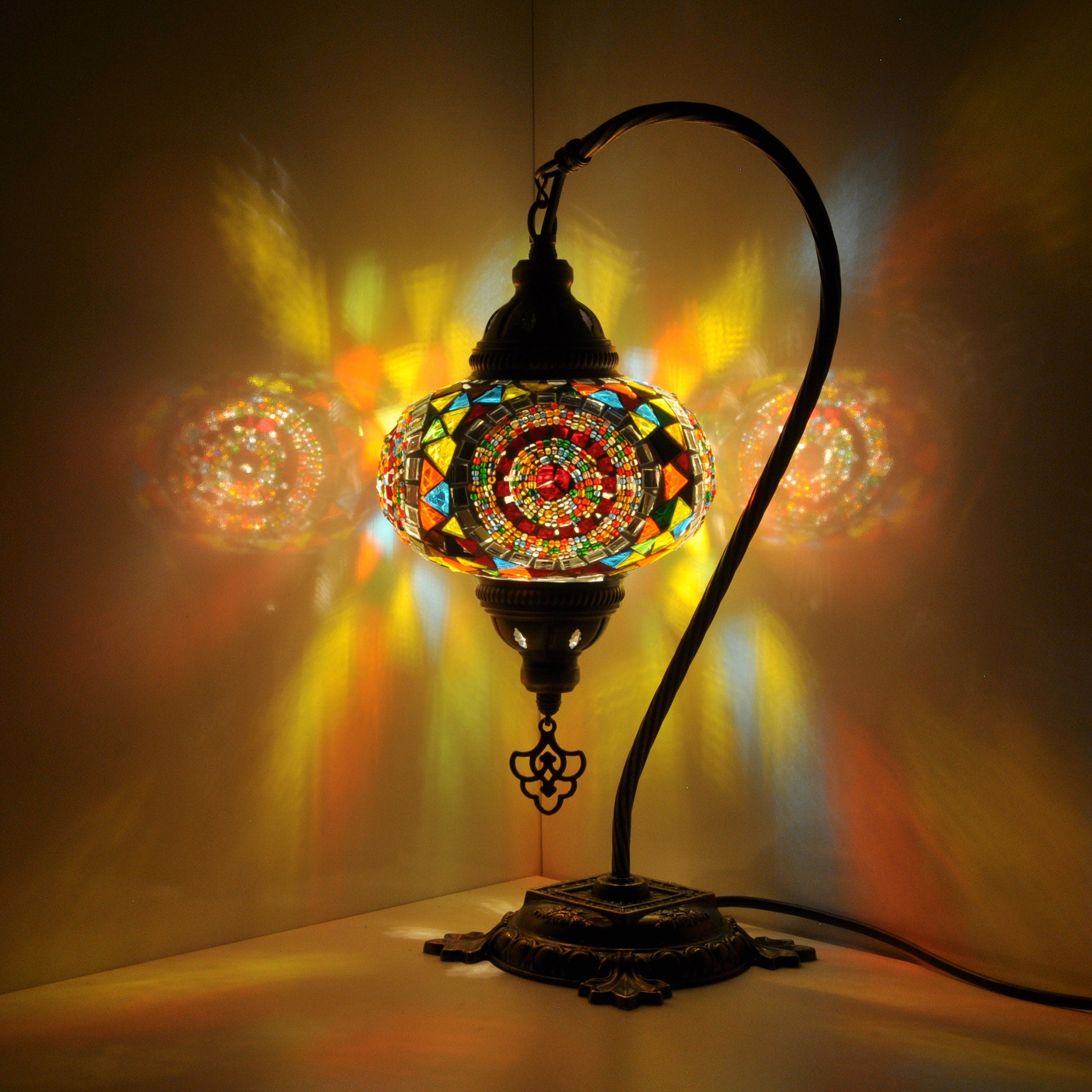 MoslandHome Handmade Turkish Mosaic Glass Table Lamp 16.5in Antique Brass