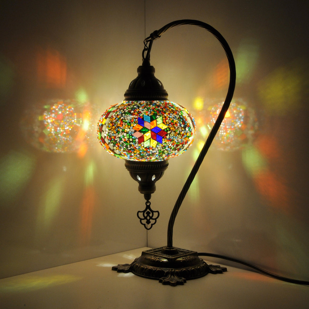 MoslandHome Handmade Turkish Mosaic Glass Table Lamp Swan Neck 16.5in