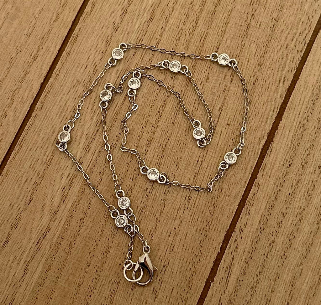MossberryandStone Rhodium Plated Silver CZ Necklace Chain 16in Cubic Zirconia