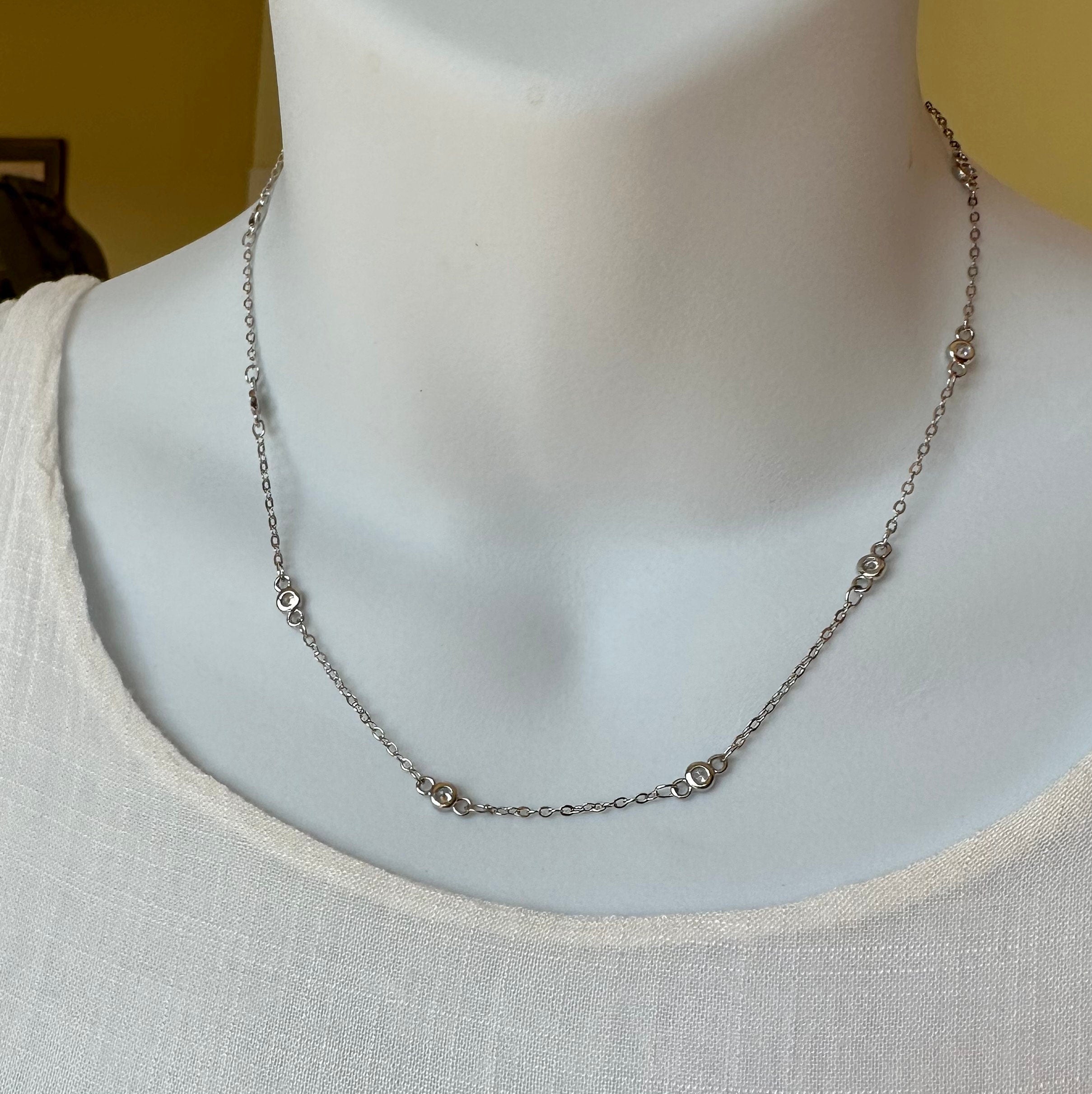 MossberryandStone Rhodium Plated Silver CZ Necklace Chain 16in Cubic Zirconia