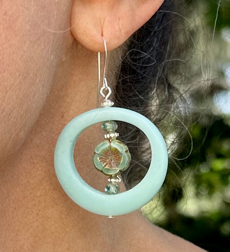 MossberryandStone Robins Egg Blue Funky Boho Dangle Earrings Czech Glass