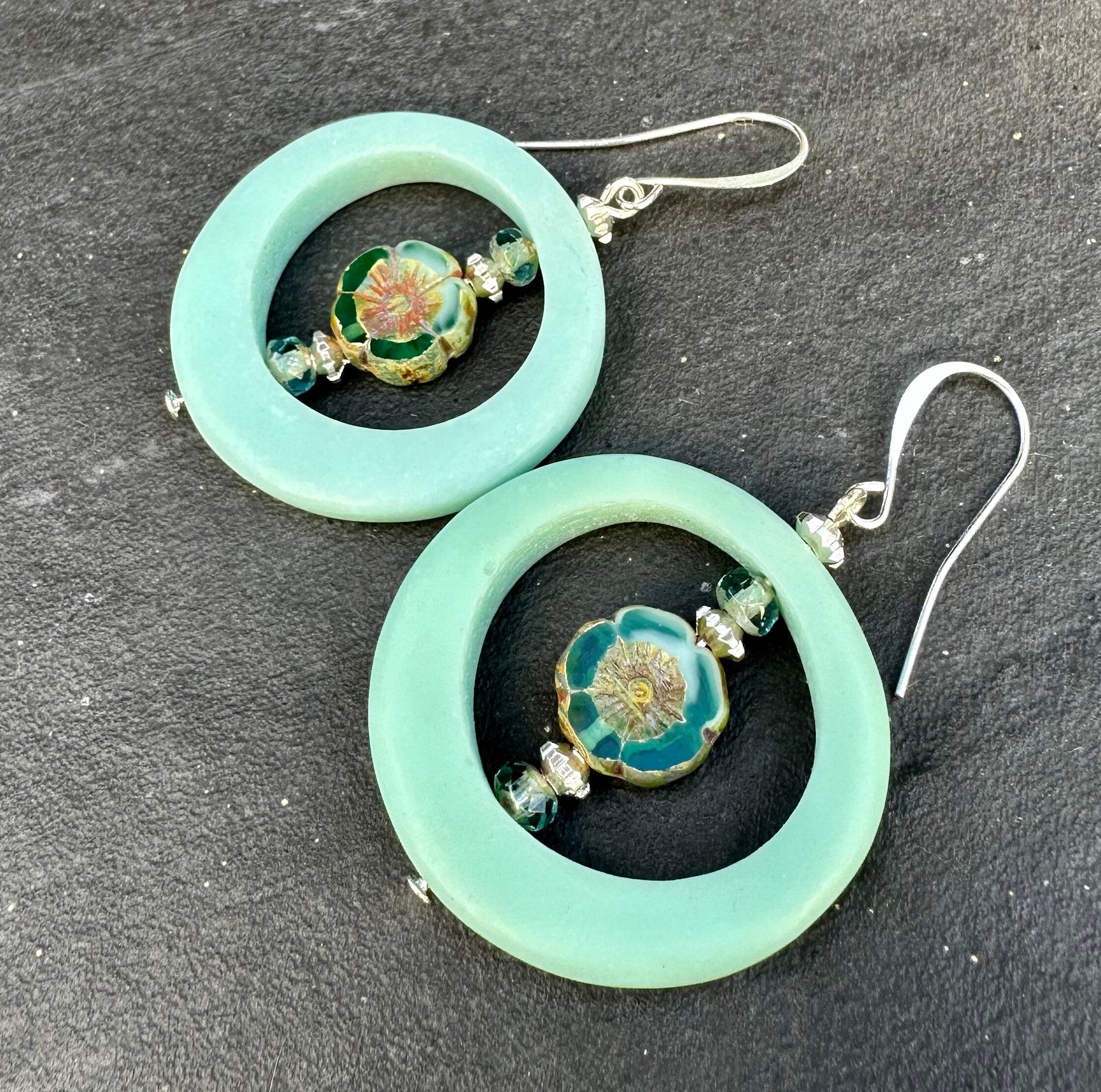 MossberryandStone Robins Egg Blue Funky Boho Dangle Earrings Czech Glass