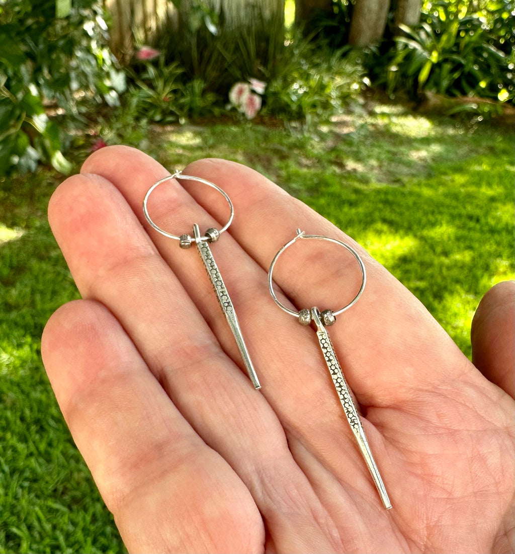 MossberryandStone Sterling Silver Unisex Hoop Dangle Earrings Spike Charm
