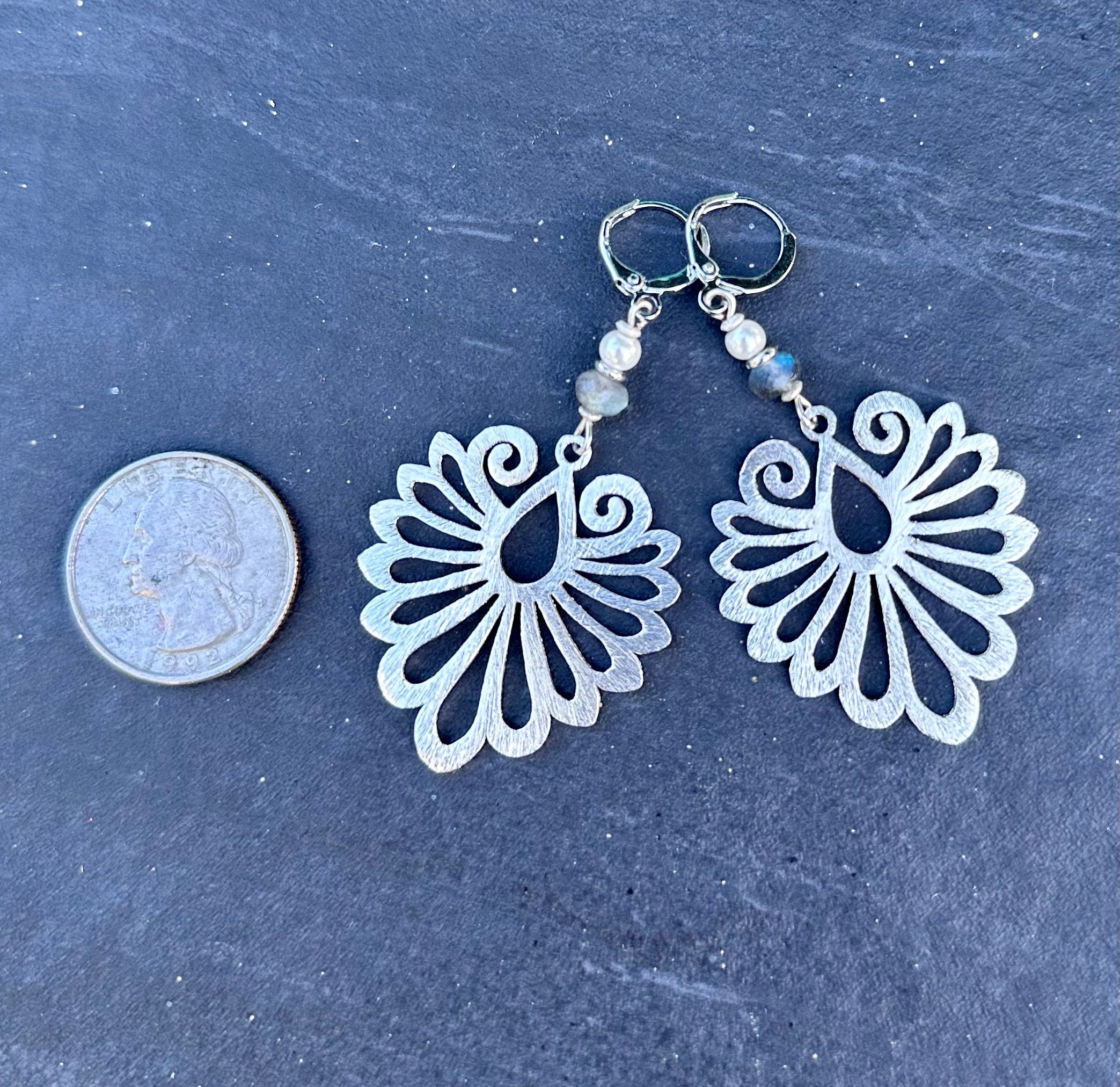 MossberryandStone Phoenix Wing Dangle Earrings Brushed Silver Labradorite