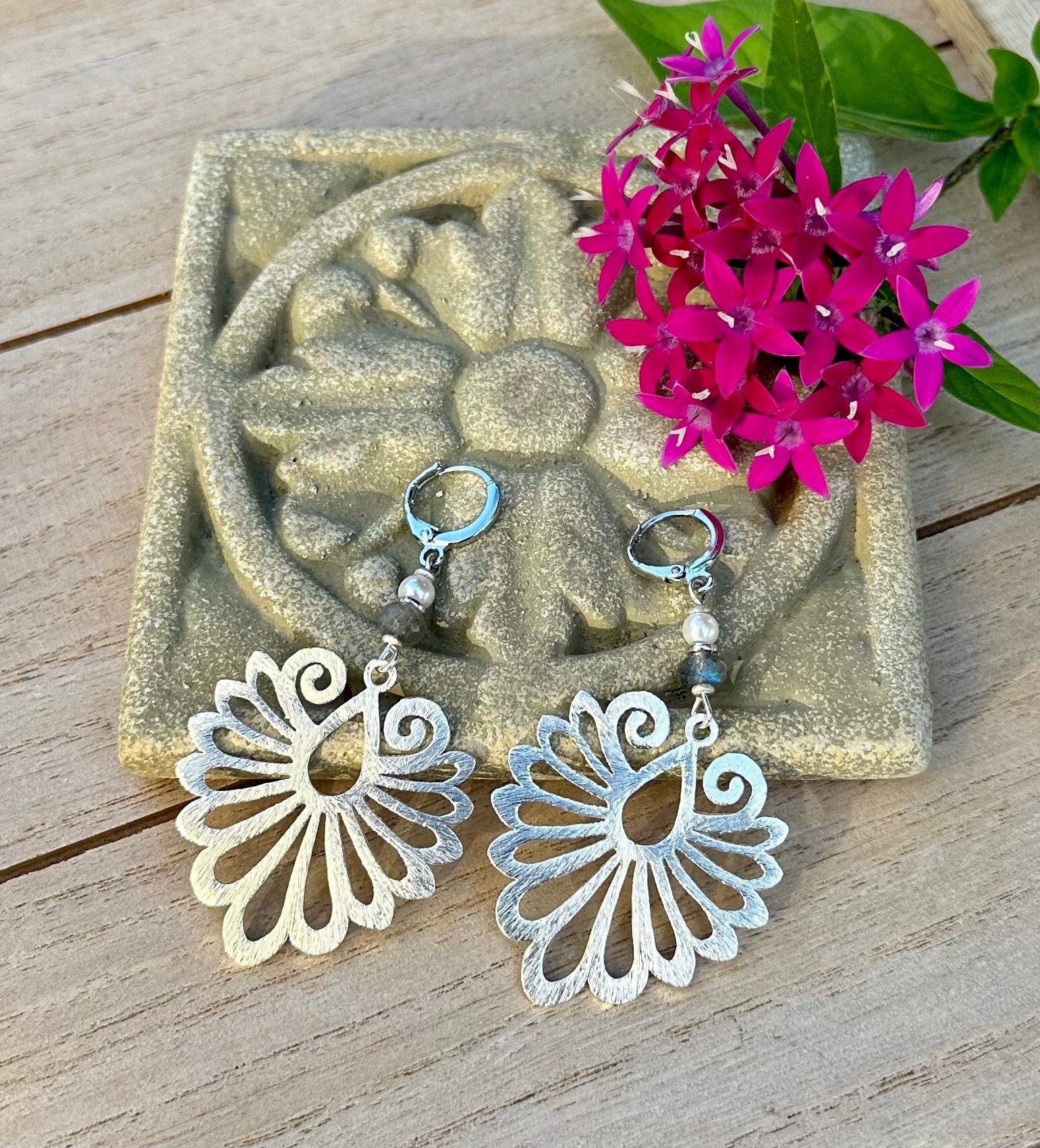 MossberryandStone Phoenix Wing Dangle Earrings Brushed Silver Labradorite