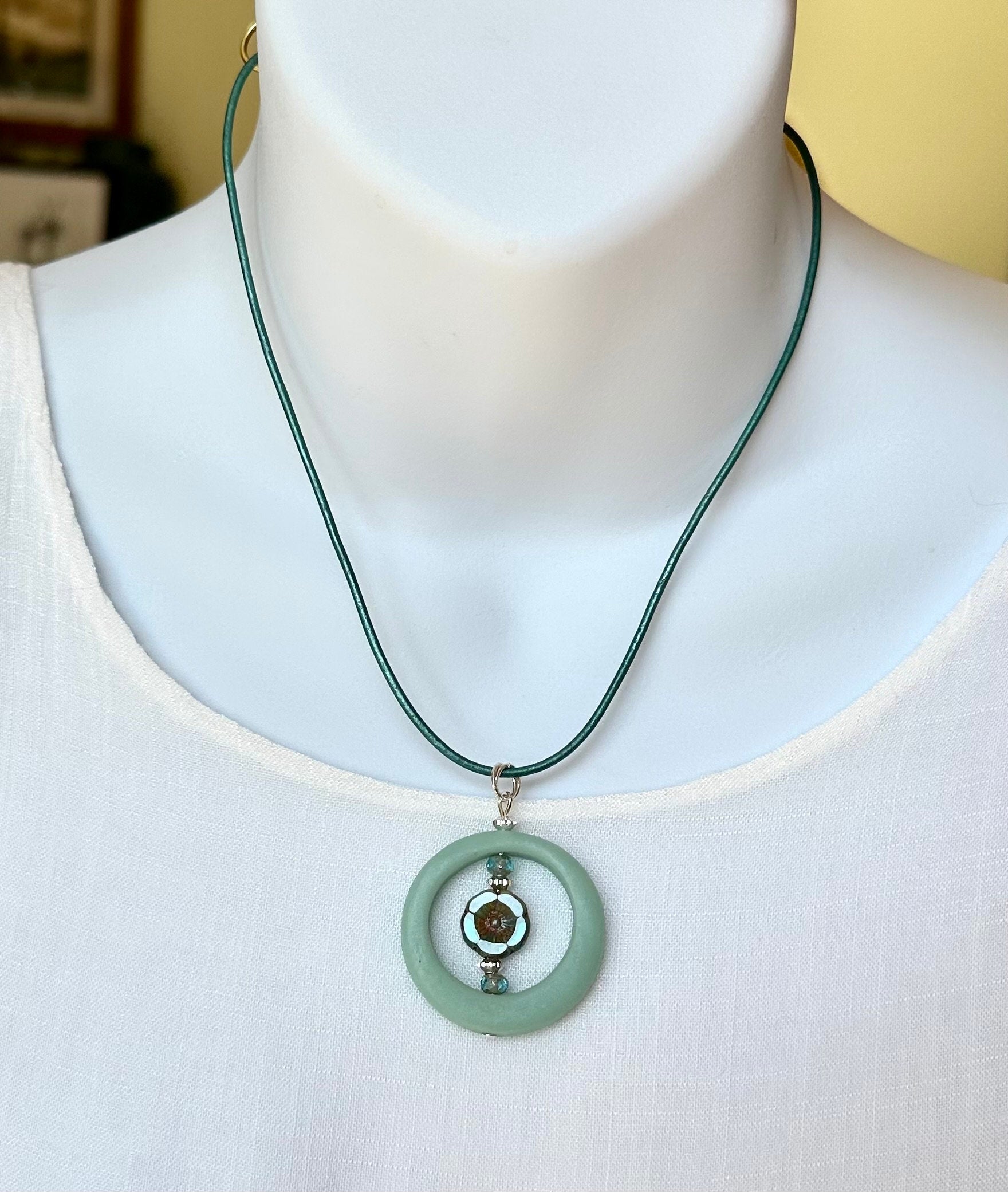 MossberryandStone Robin's Egg Blue Pendant Necklace Czech Glass Hibiscus