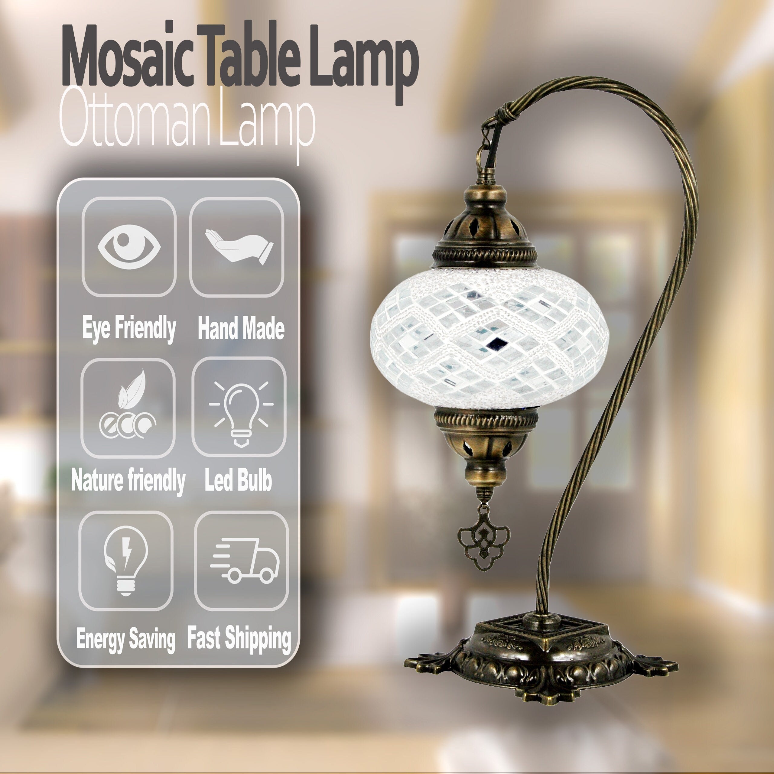 MoslandHome Handmade Turkish Mosaic Lamp Swan Neck Table Lamp