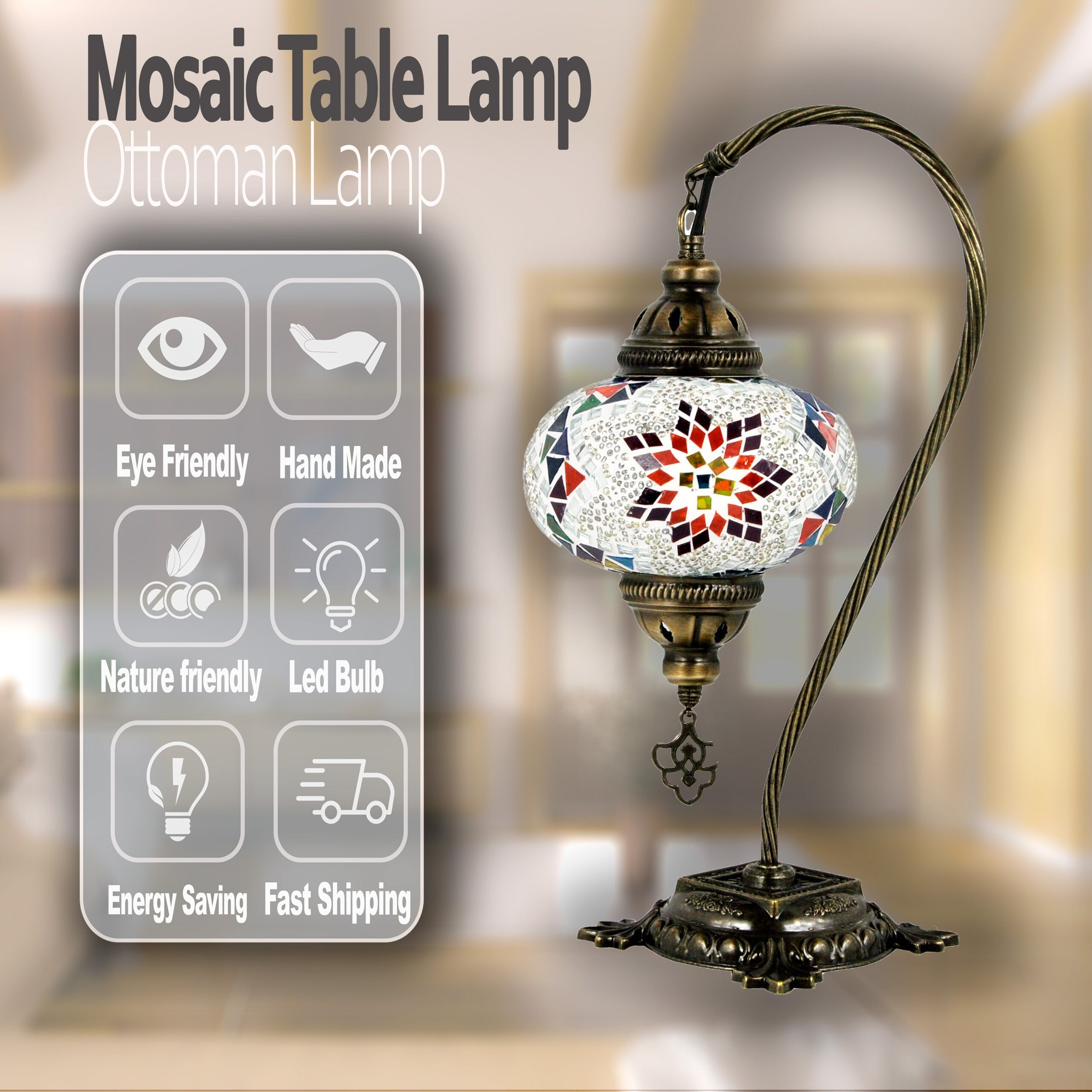 MoslandHome Handmade Turkish Mosaic Table Lamp Swan Neck 6.5in