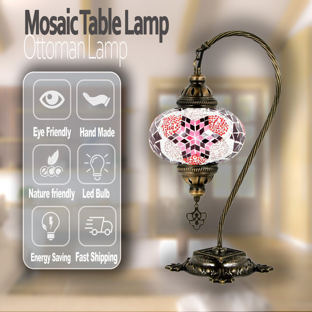 MoslandHome Handmade Turkish Mosaic Glass Swan Neck Table Lamp 6.5in Globe