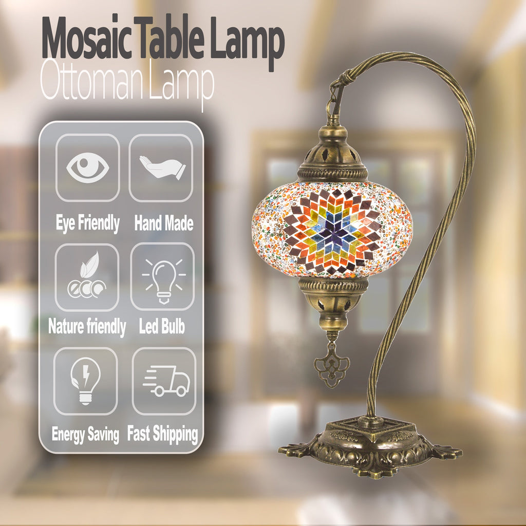 MoslandHome Handmade Turkish Mosaic Glass Table Lamp, Swan Neck Design