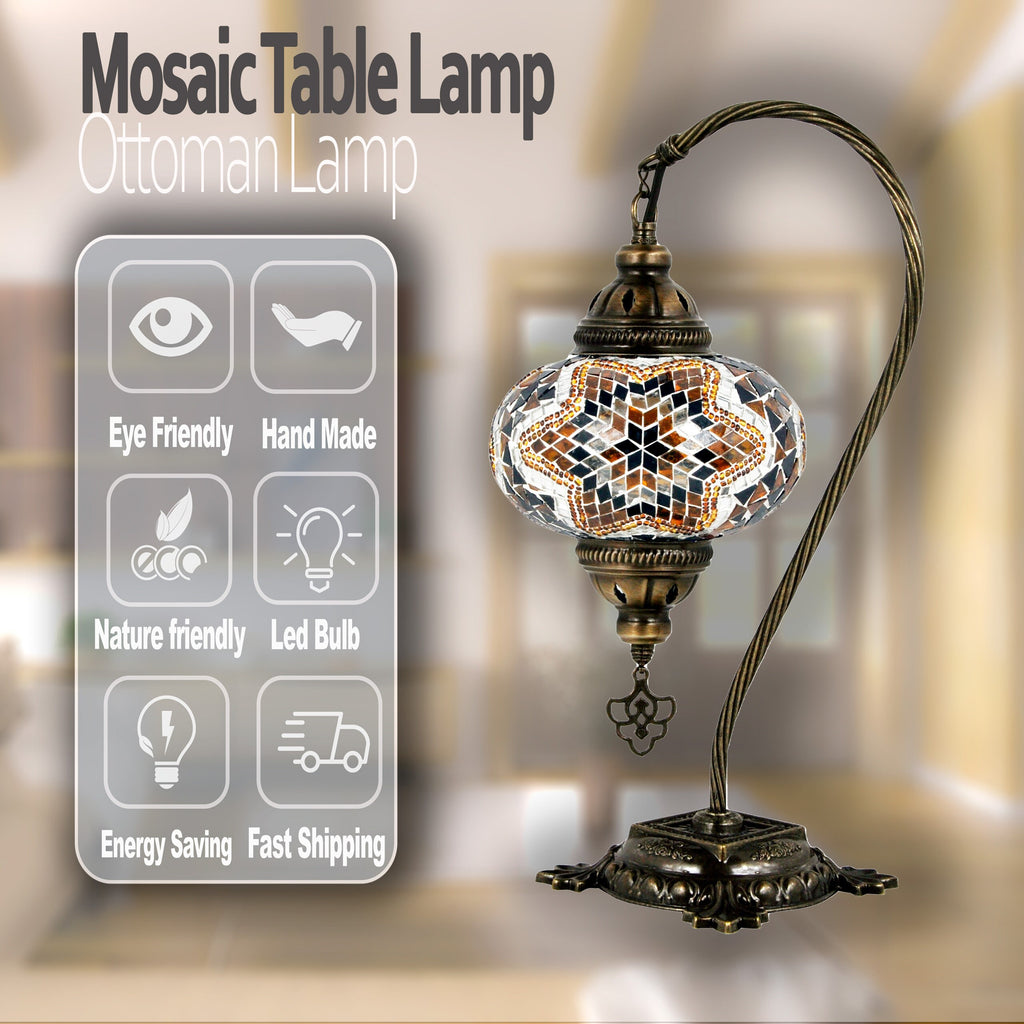 MoslandHome Handmade Turkish Mosaic Lamp Swan Neck Bedside Table Lamp